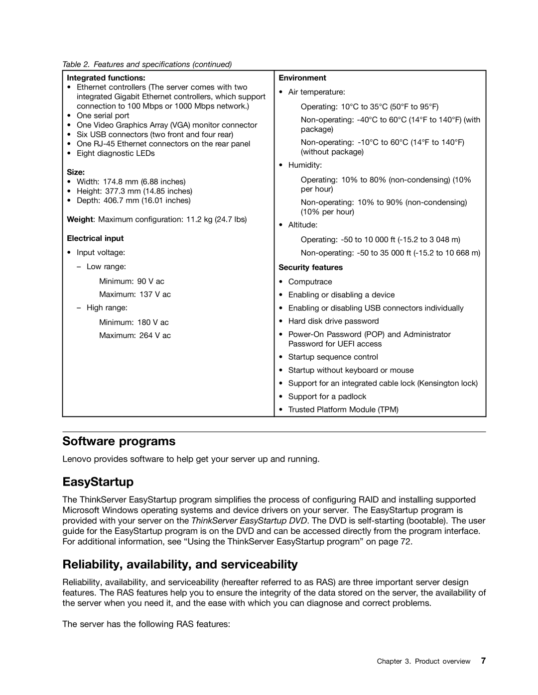 Lenovo 1106, 1098, 1105, 1100 manual Software programs, EasyStartup, Reliability, availability, and serviceability 