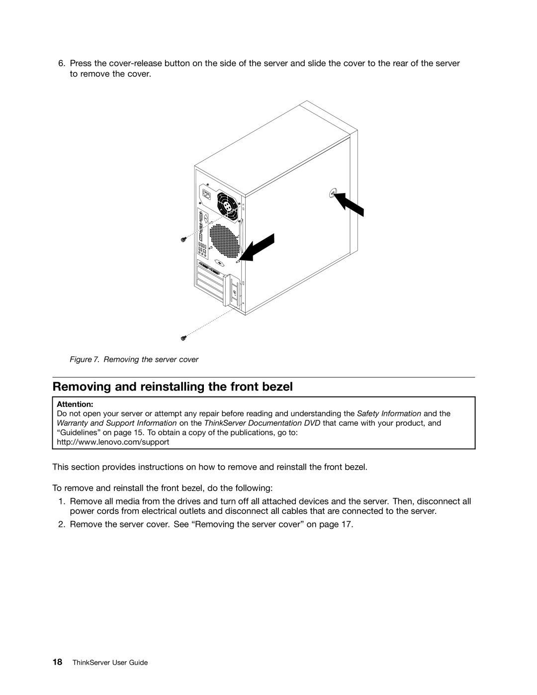 Lenovo 1100, 1098, 1105, 1106 manual Removing and reinstalling the front bezel, Removing the server cover 