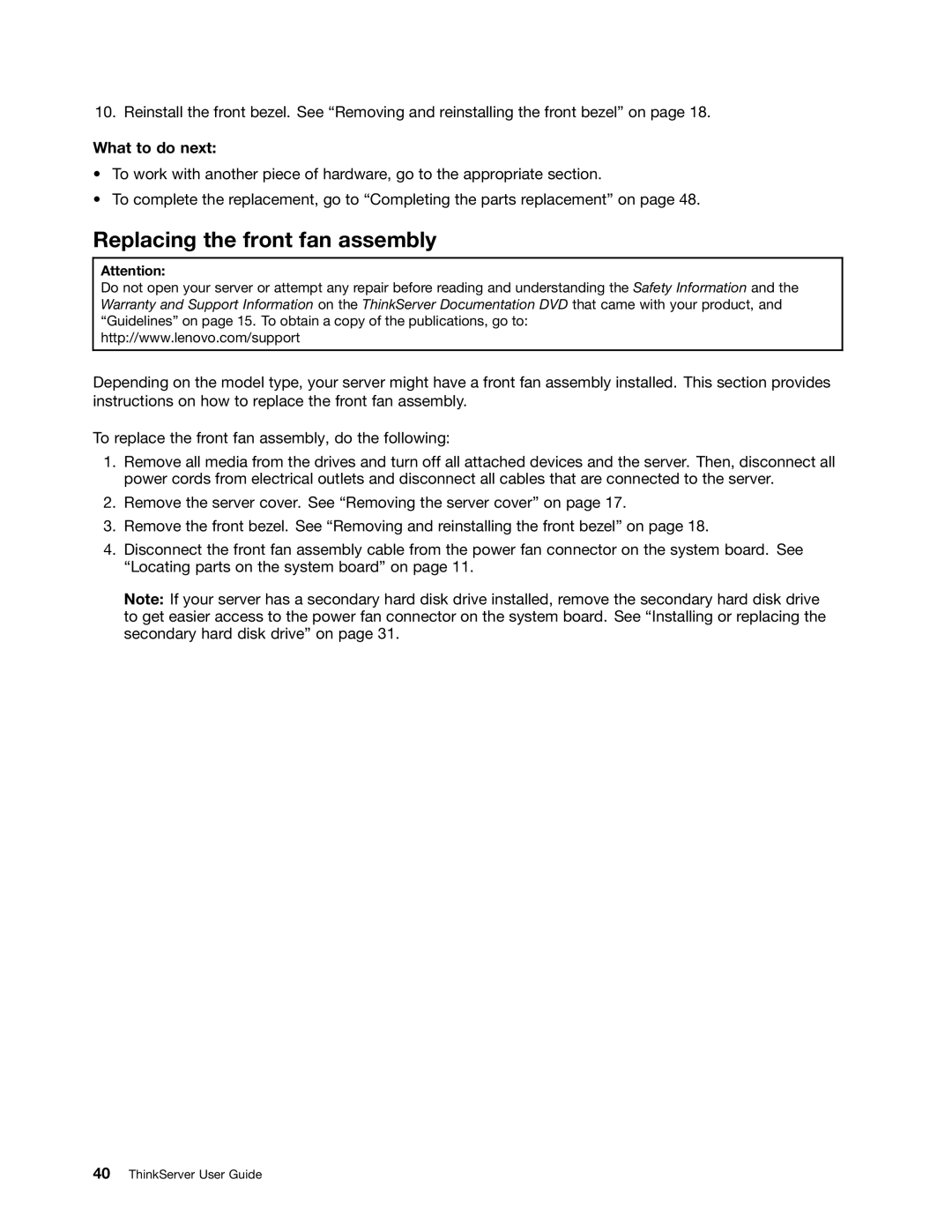 Lenovo 1098, 1105, 1100, 1106 manual Replacing the front fan assembly 