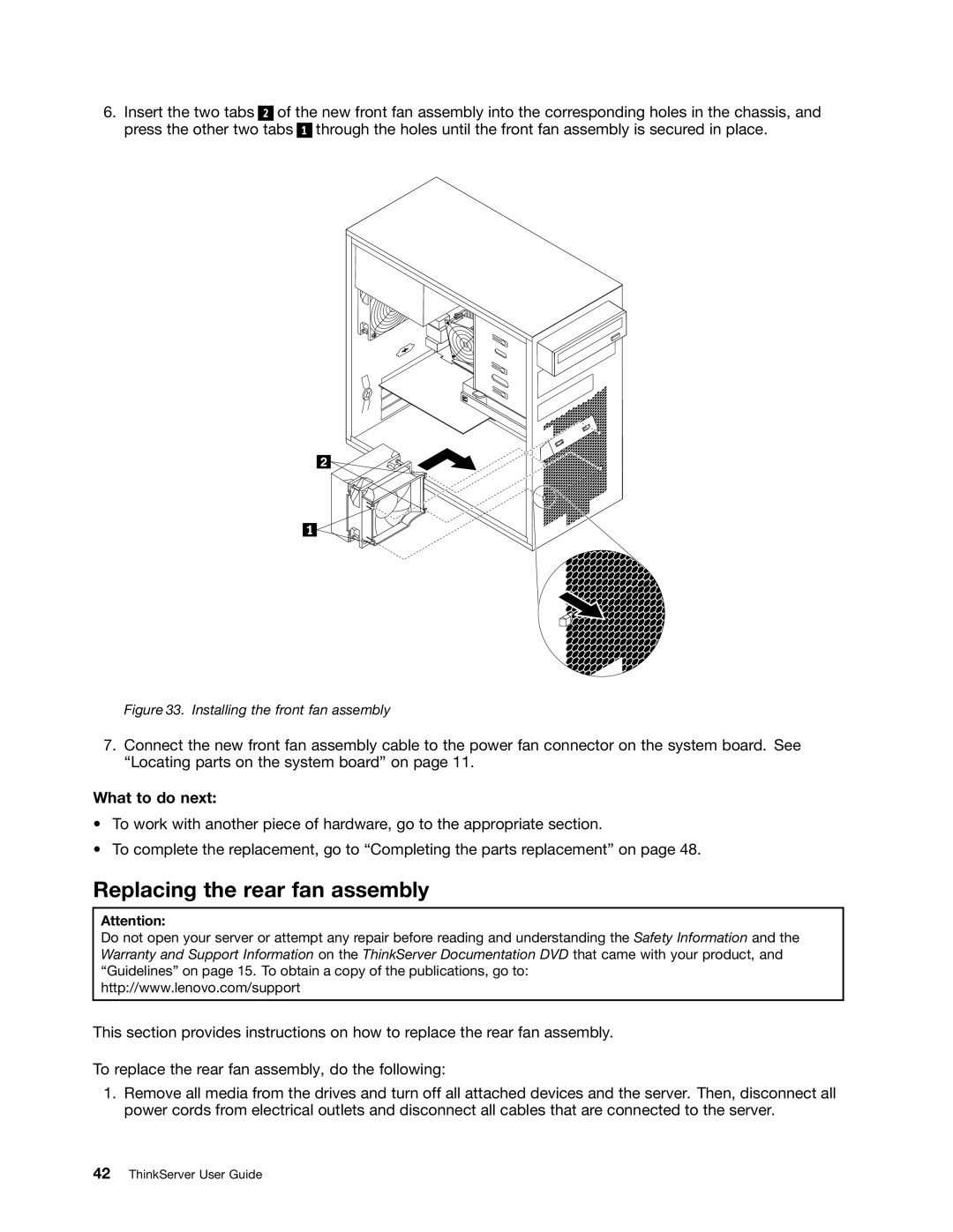 Lenovo 1100, 1098, 1105, 1106 manual Replacing the rear fan assembly, Installing the front fan assembly 