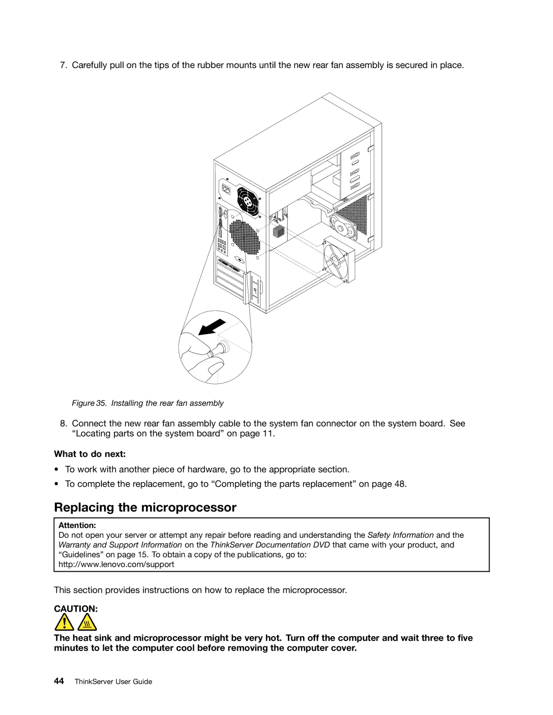 Lenovo 1098, 1105, 1100, 1106 manual Replacing the microprocessor, Installing the rear fan assembly 