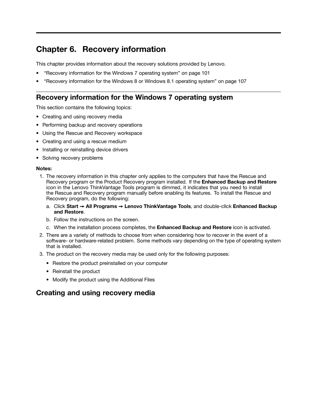 Lenovo 10AB000KUS Recovery information for the Windows 7 operating system, Creating and using recovery media, 101 