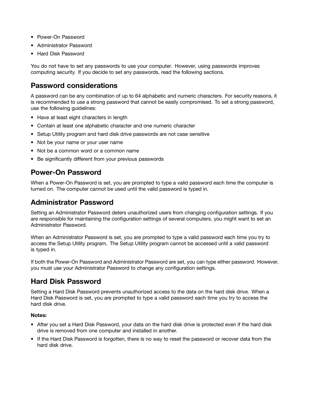 Lenovo 10AB000KUS manual Password considerations, Power-On Password, Administrator Password, Hard Disk Password 