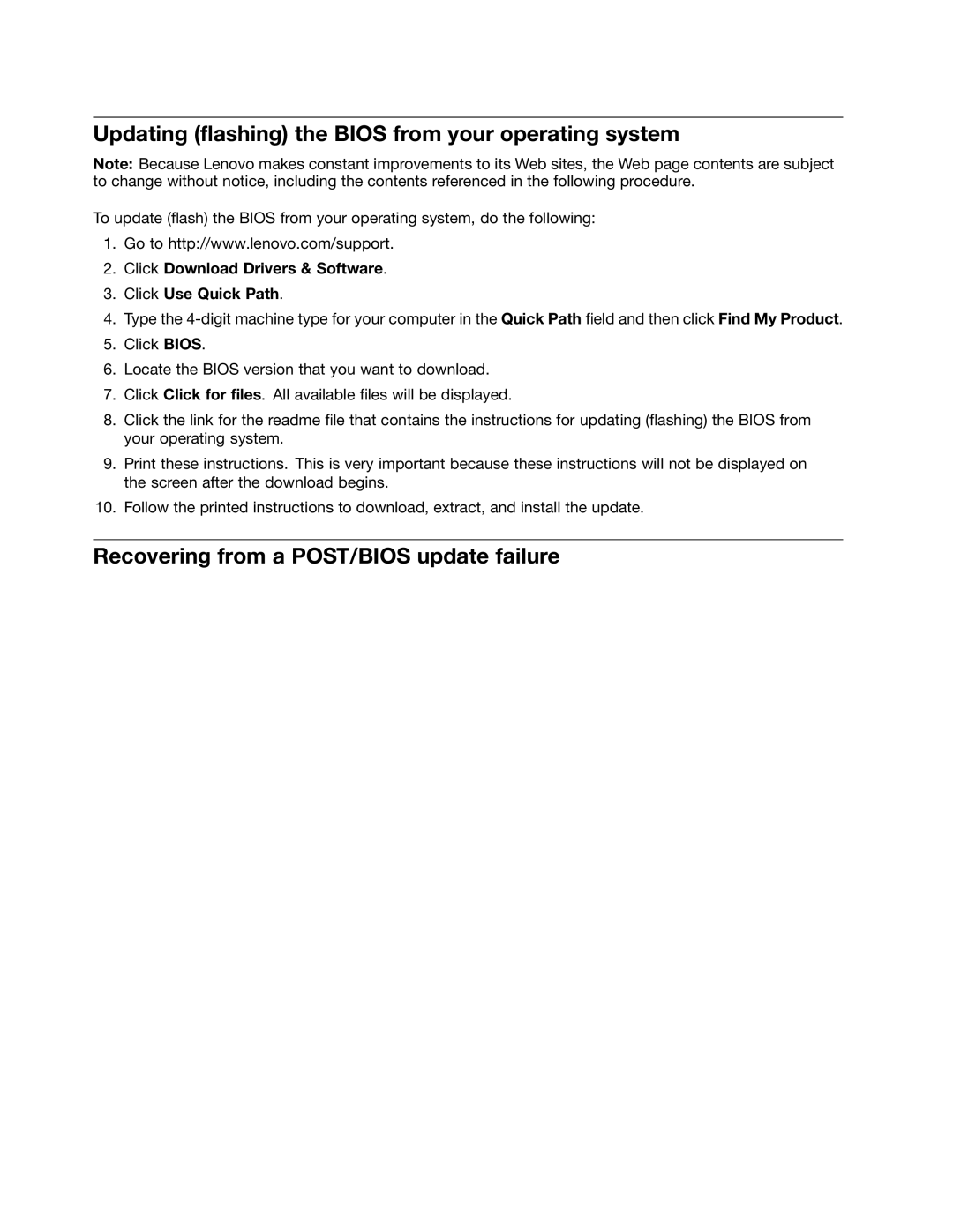 Lenovo 10AB000KUS manual Updating flashing the Bios from your operating system, Recovering from a POST/BIOS update failure 