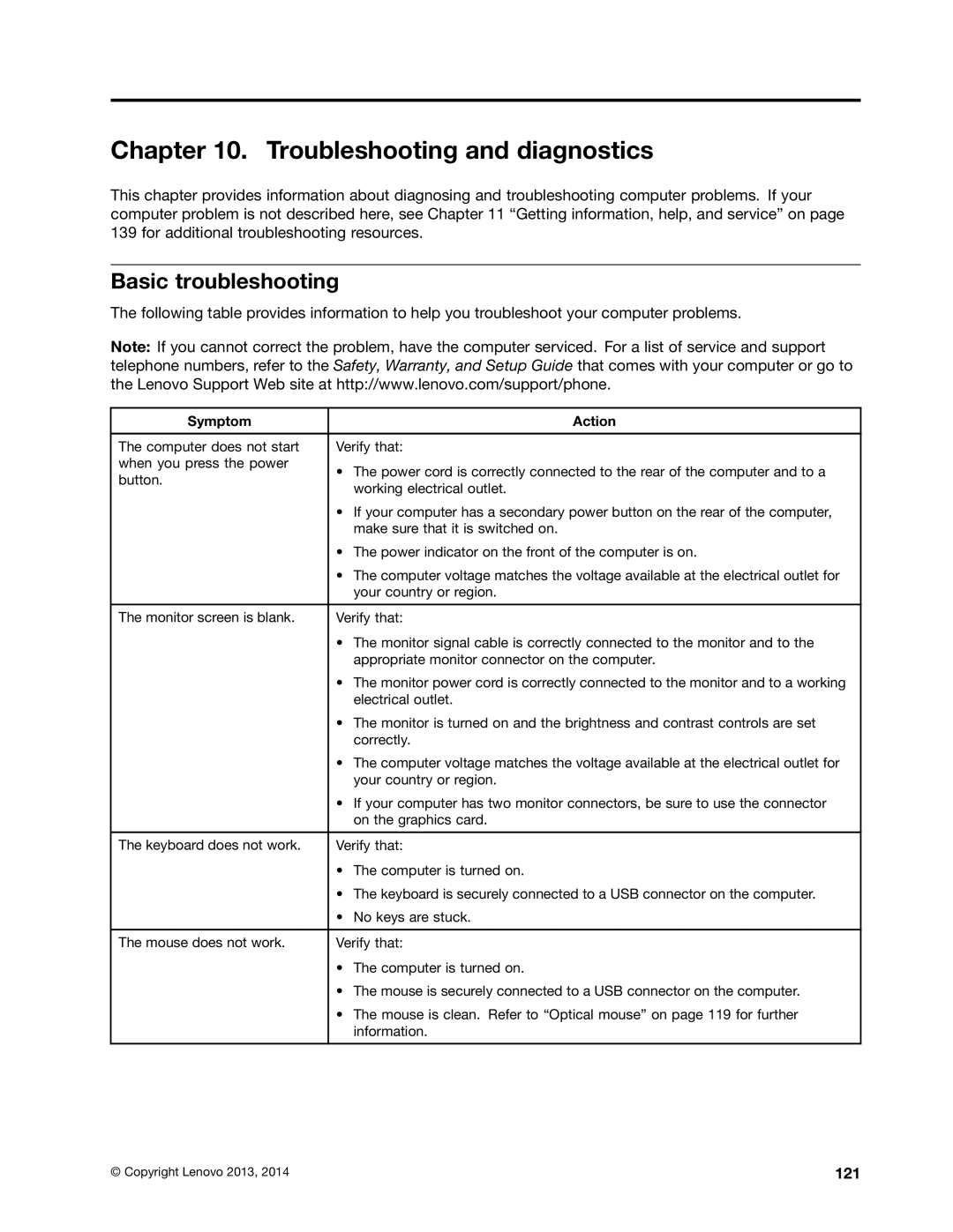 Lenovo 10AB000KUS manual Troubleshooting and diagnostics, Basic troubleshooting, 121 