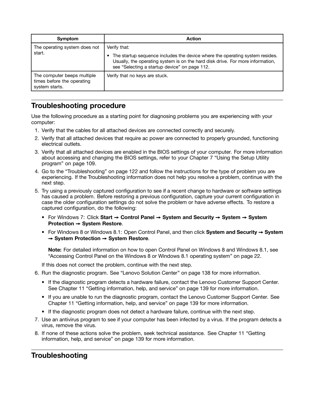 Lenovo 10AB000KUS manual Troubleshooting procedure, System Protection System Restore 