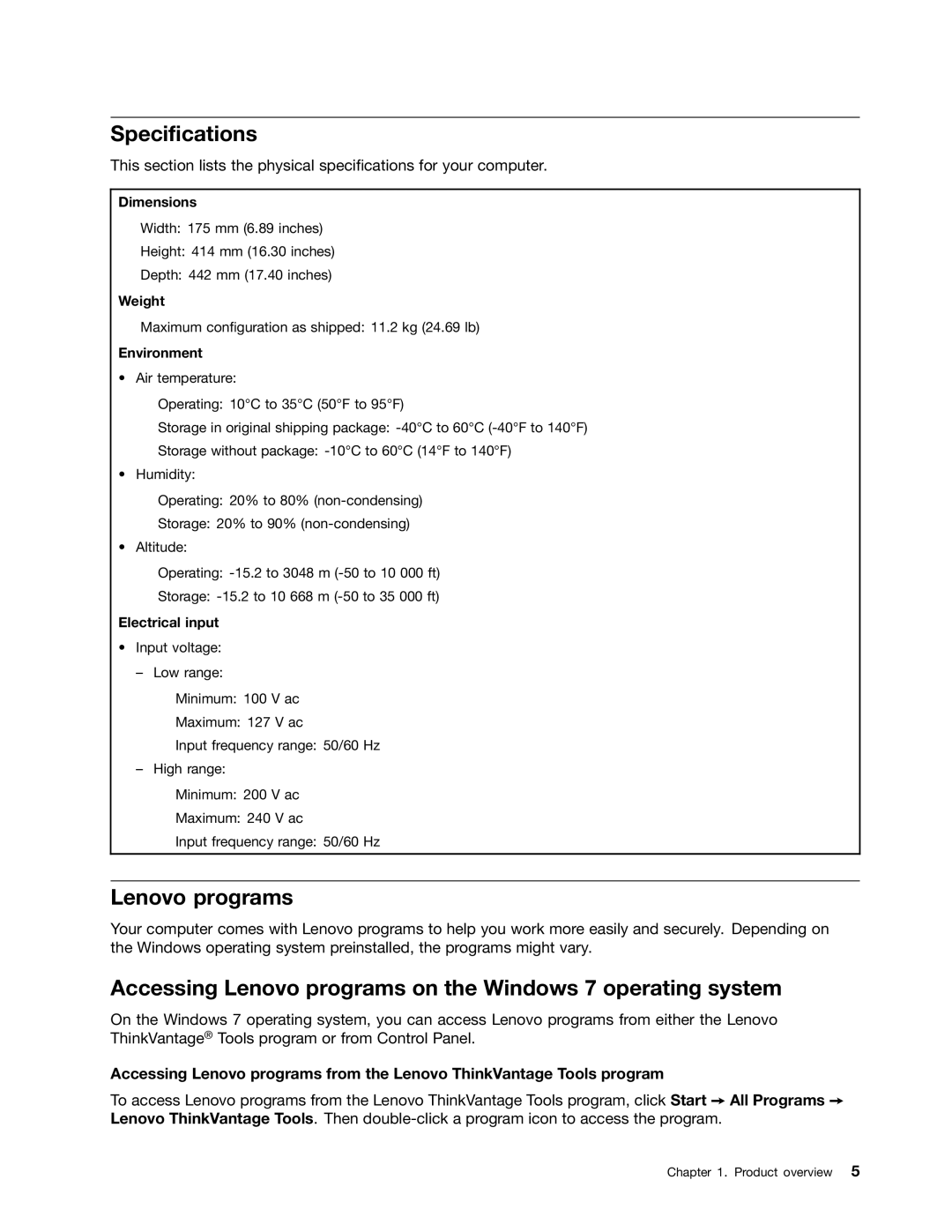 Lenovo 10AB000KUS manual Specifications, Accessing Lenovo programs on the Windows 7 operating system 