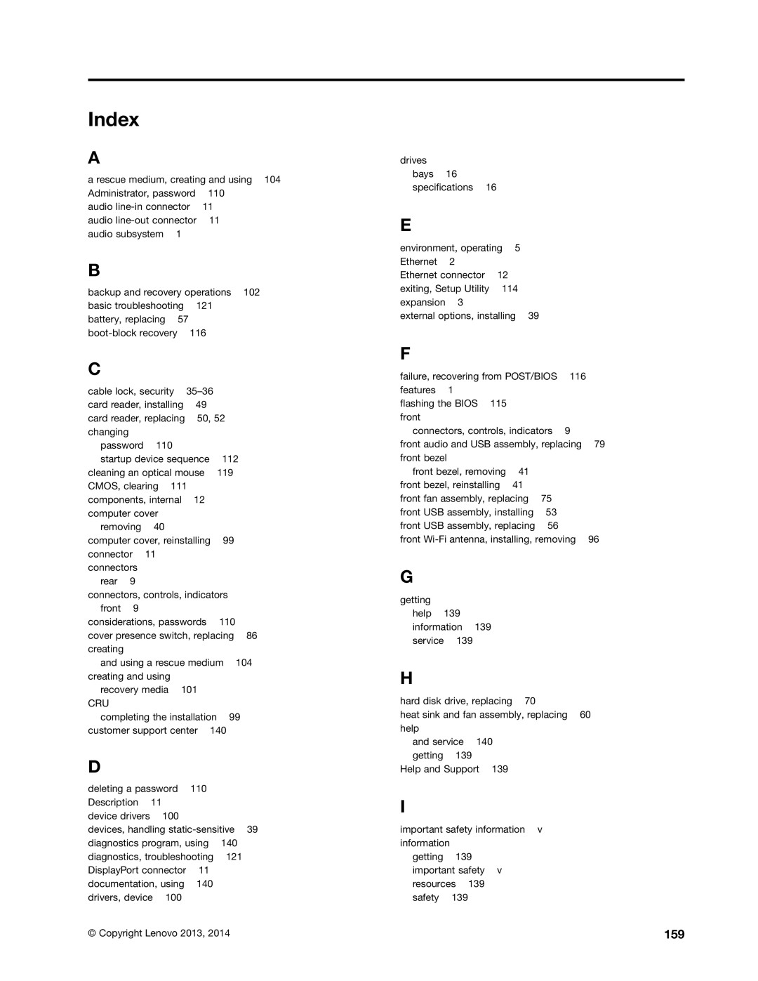 Lenovo 10AB000KUS manual Index, 159 