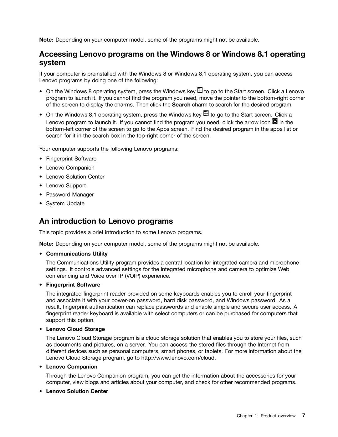 Lenovo 10AB000KUS An introduction to Lenovo programs, Communications Utility, Fingerprint Software, Lenovo Solution Center 