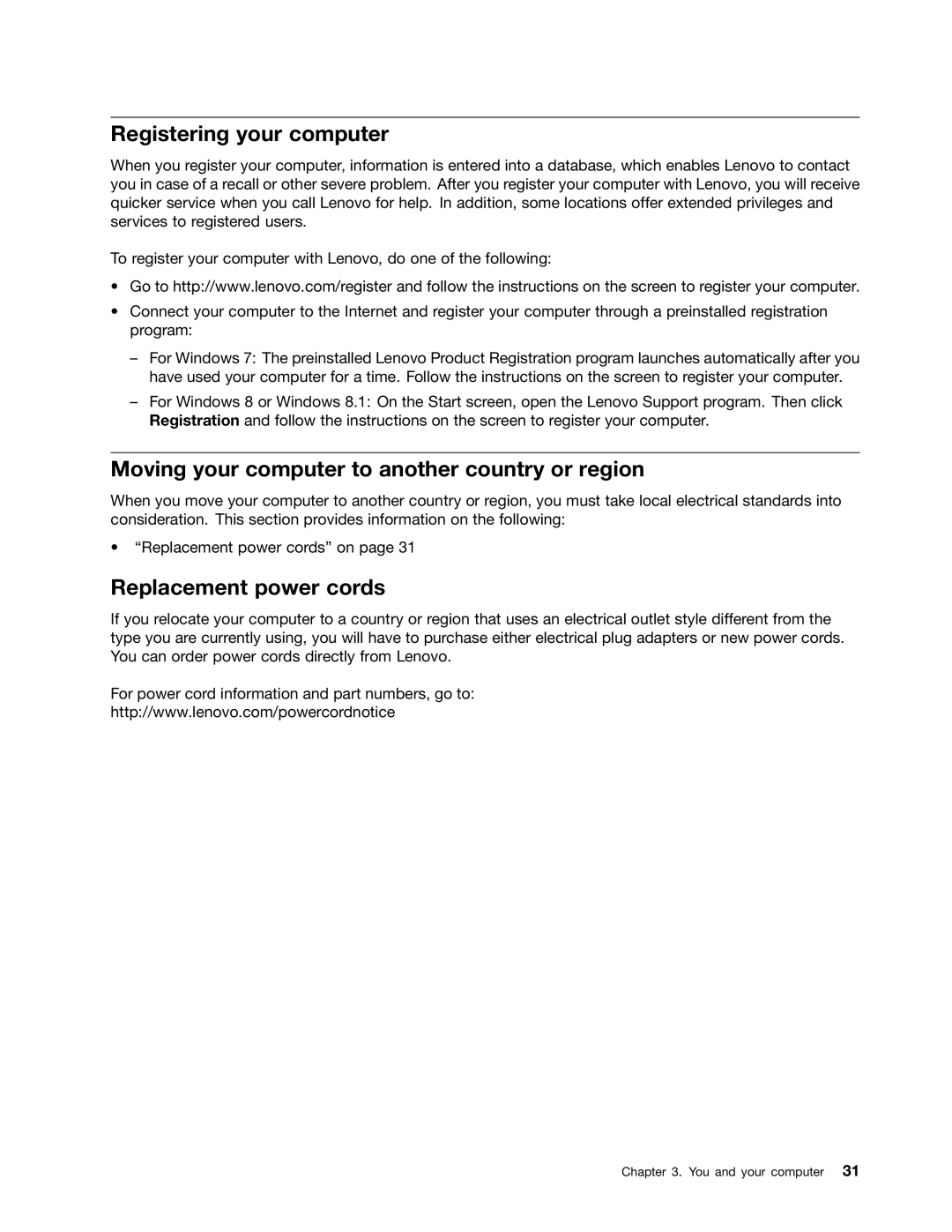 Lenovo 10AB000KUS Registering your computer, Moving your computer to another country or region, Replacement power cords 