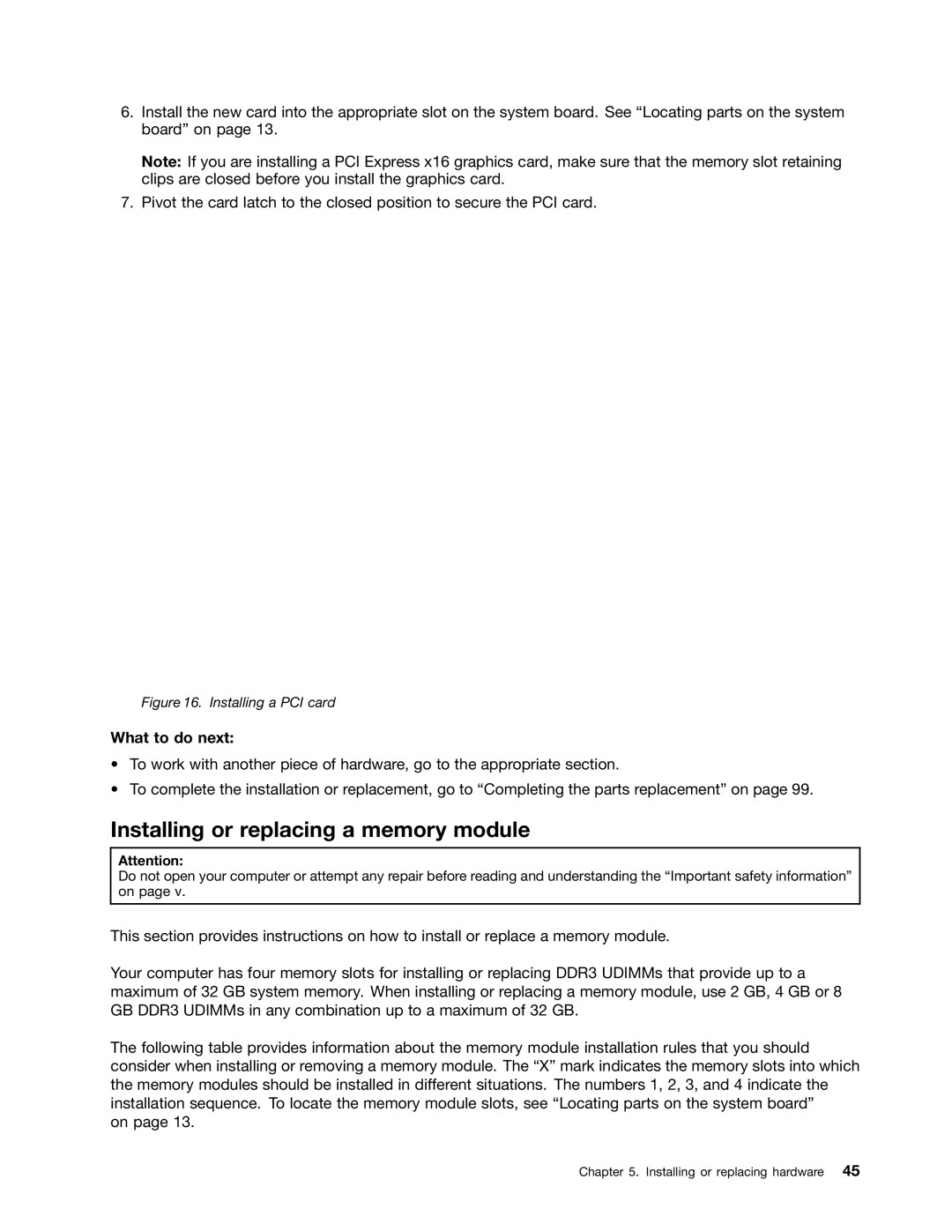 Lenovo 10AB000KUS manual Installing or replacing a memory module, Installing a PCI card 