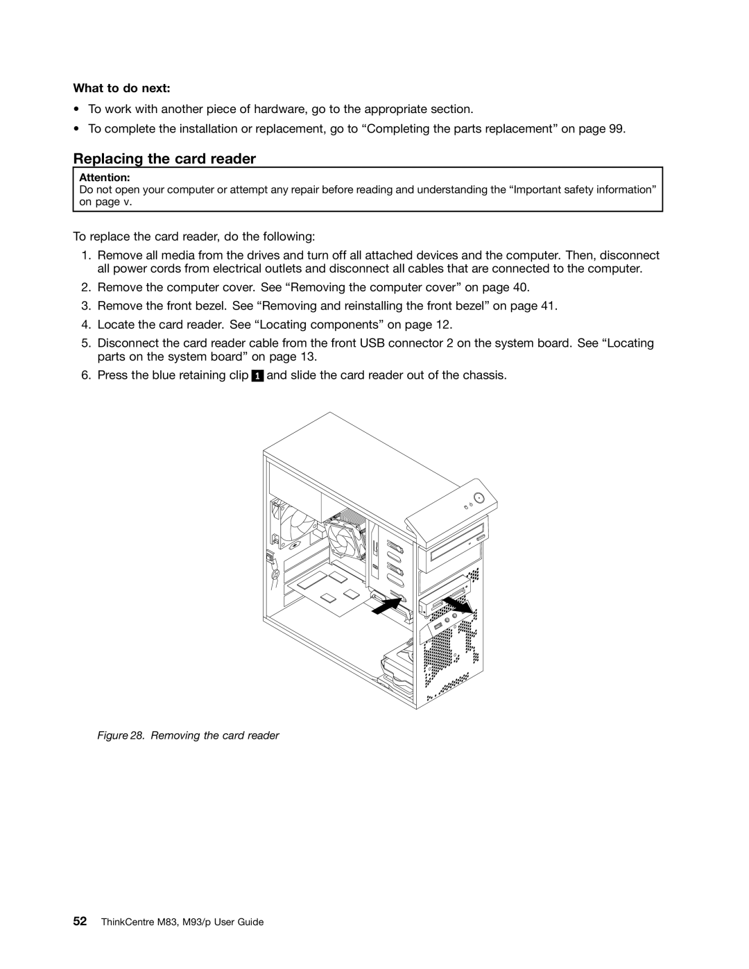 Lenovo 10AB000KUS manual Replacing the card reader, Removing the card reader 