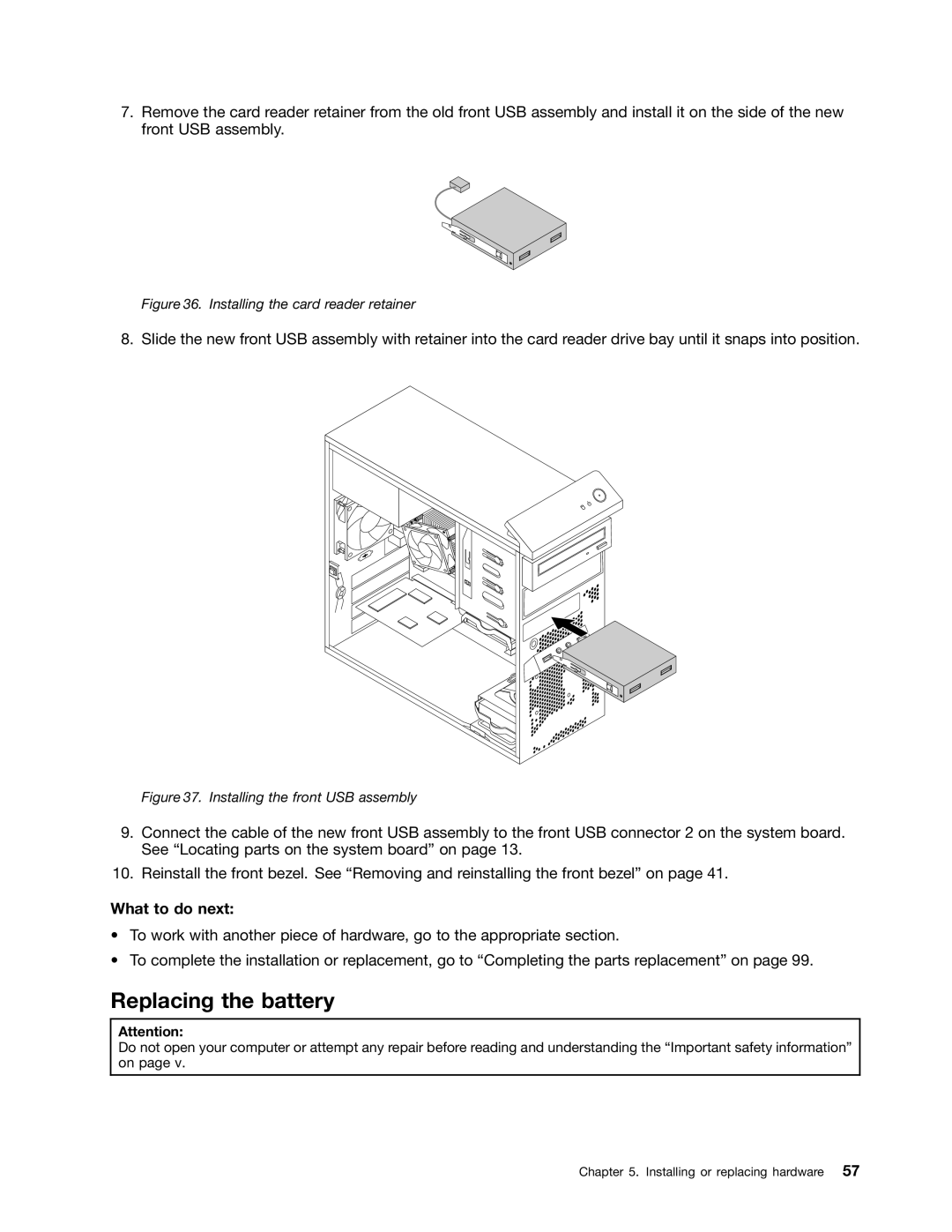 Lenovo 10AB000KUS manual Replacing the battery, Installing the card reader retainer 