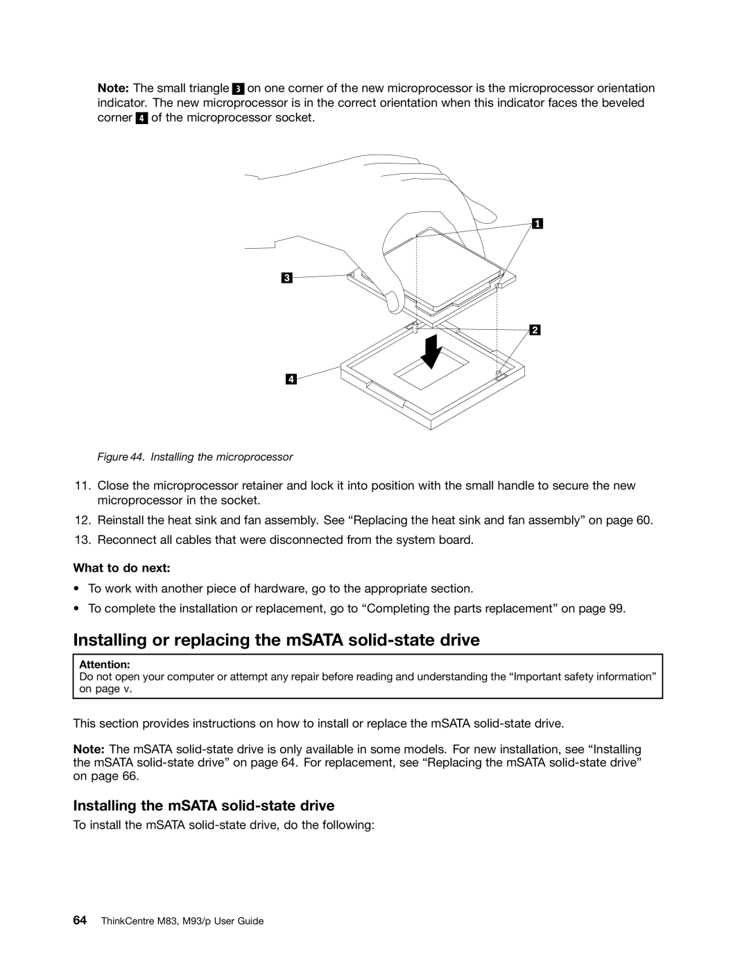 Lenovo 10AB000KUS manual Installing or replacing the mSATA solid-state drive, Installing the mSATA solid-state drive 