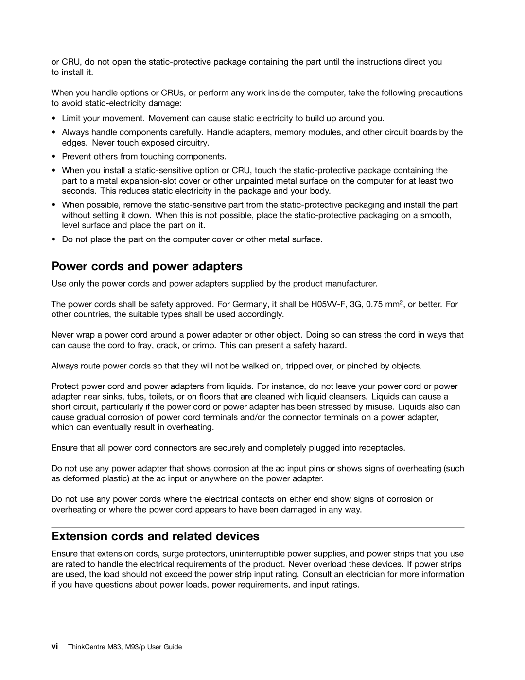 Lenovo 10AB000KUS manual Power cords and power adapters, Extension cords and related devices 