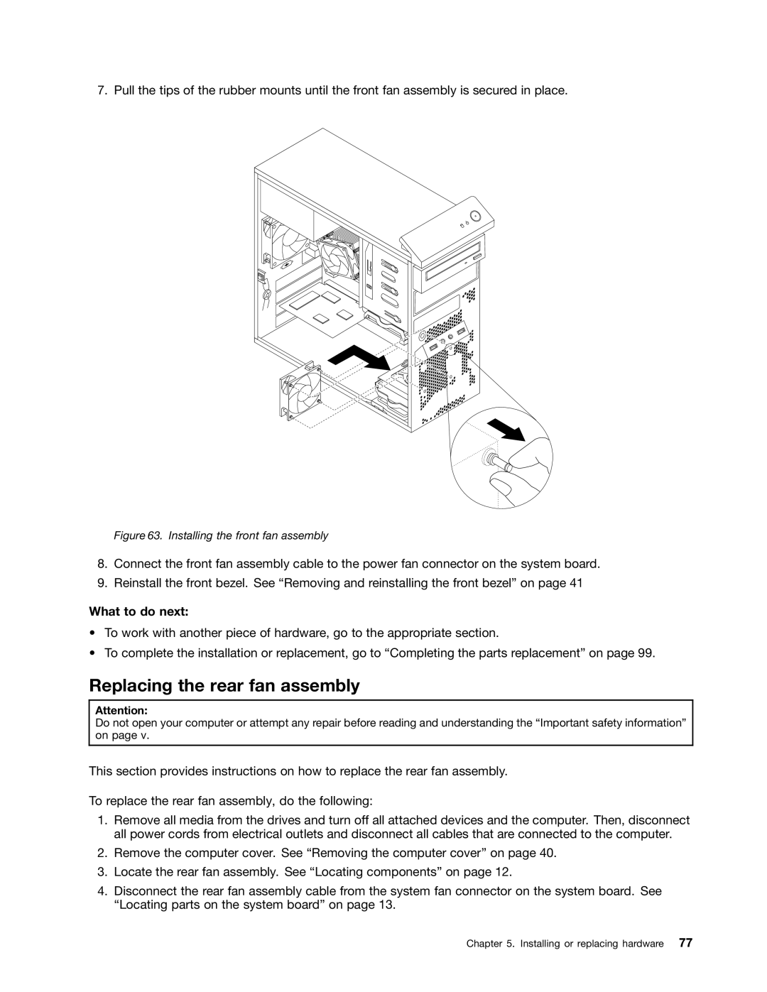 Lenovo 10AB000KUS manual Replacing the rear fan assembly, Installing the front fan assembly 