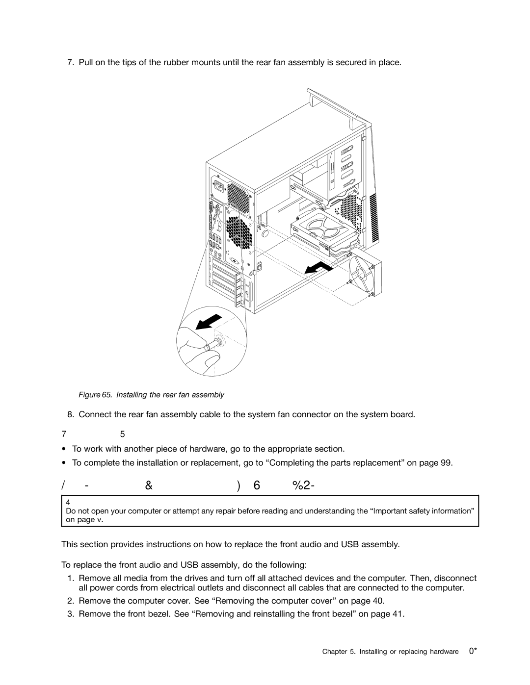 Lenovo 10AB000KUS manual Replacing the front audio and USB assembly, Installing the rear fan assembly 