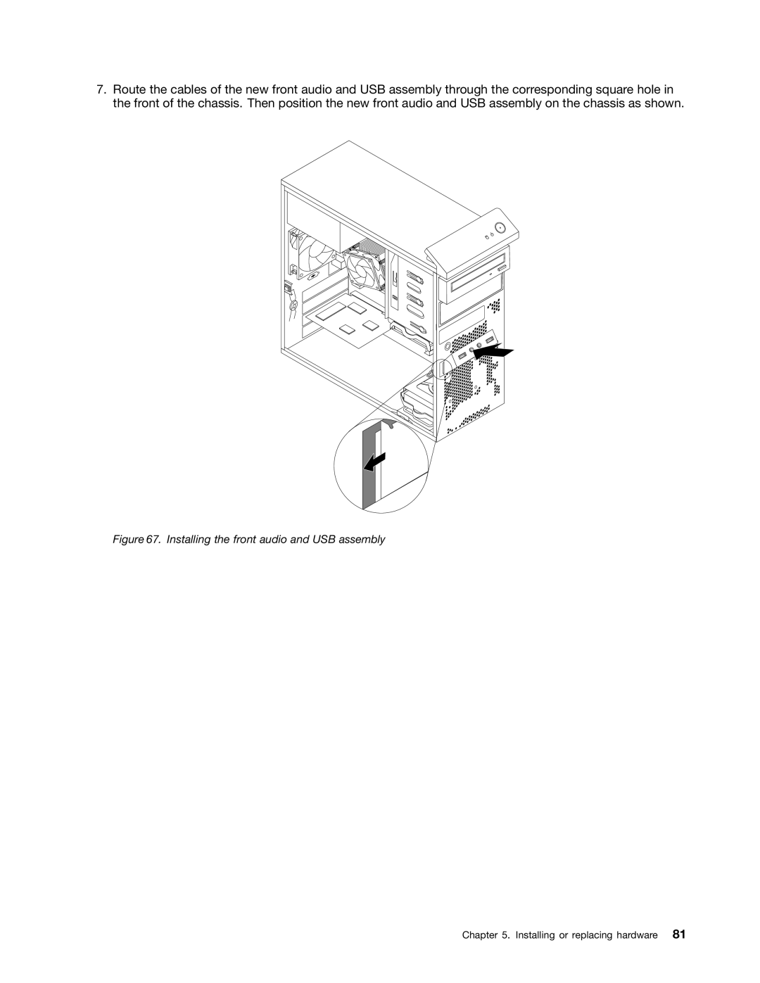 Lenovo 10AB000KUS manual Installing the front audio and USB assembly 