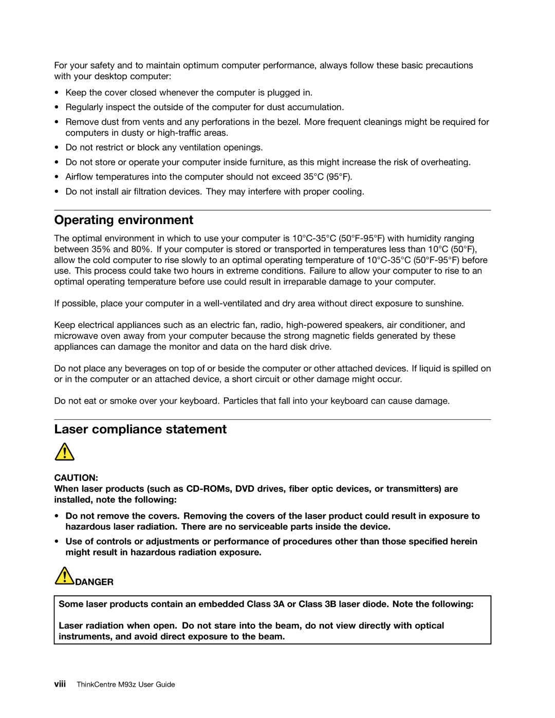 Lenovo 10AF0005US, 10AD0006US, 10AC0011US manual Operating environment, Laser compliance statement 