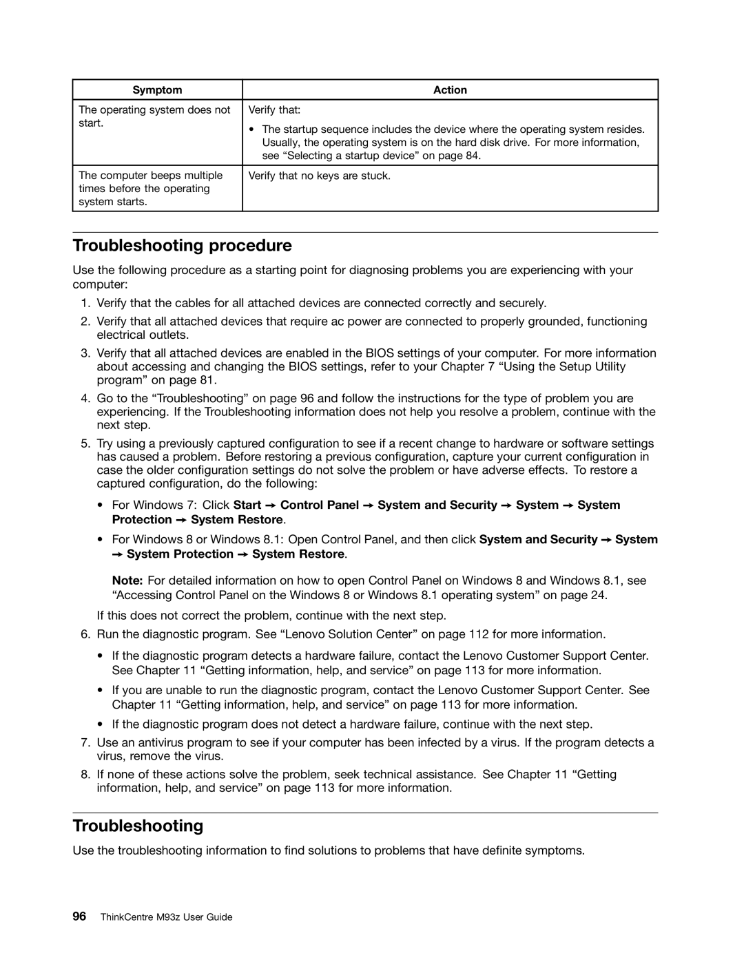 Lenovo 10AD0006US, 10AF0005US, 10AC0011US manual Troubleshooting procedure, System Protection System Restore 