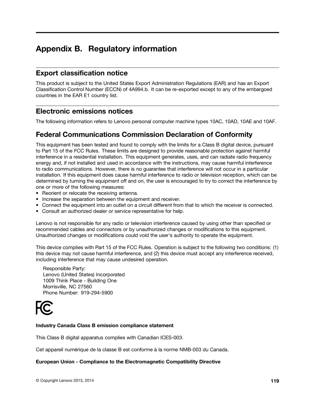 Lenovo 10AC0011US manual Appendix B. Regulatory information, Export classification notice, Electronic emissions notices 