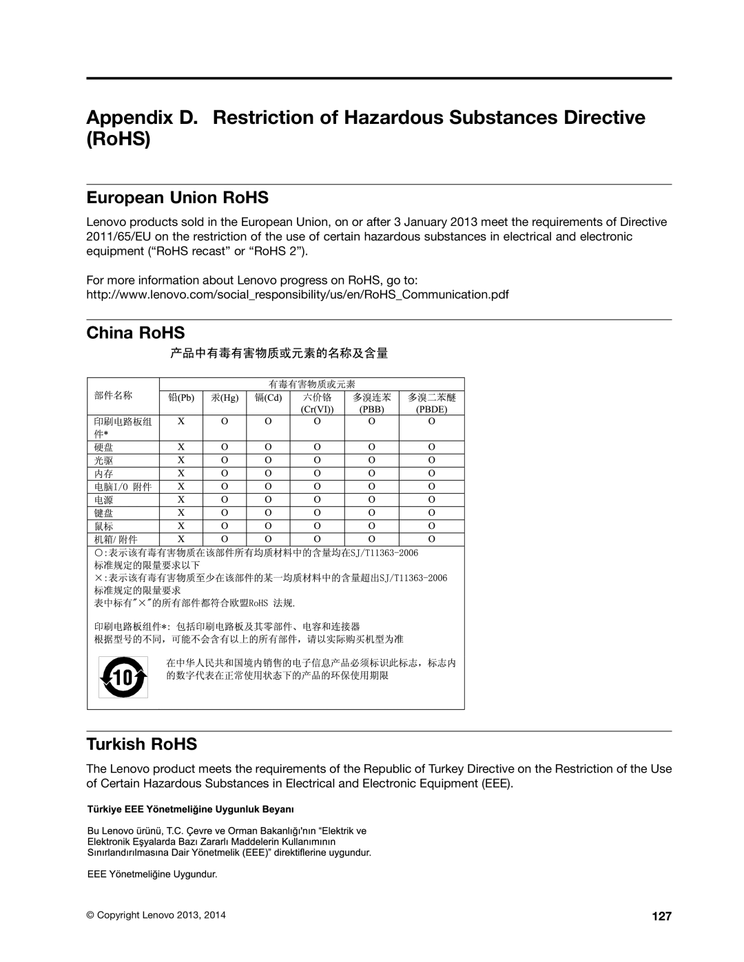 Lenovo 10AF0005US, 10AD0006US, 10AC0011US manual European Union RoHS, China RoHS Turkish RoHS, 127 