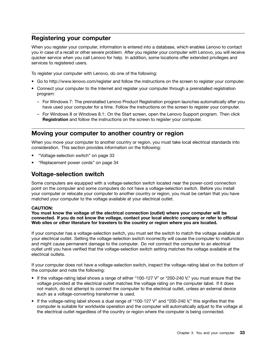 Lenovo 10AD0006US Registering your computer, Moving your computer to another country or region, Voltage-selection switch 