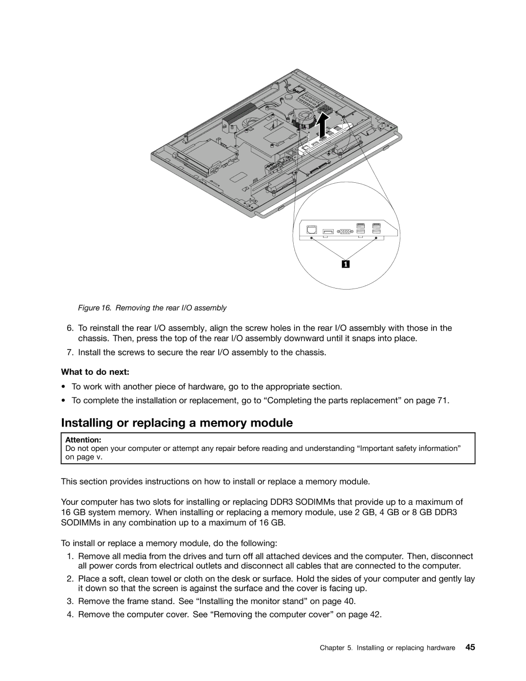 Lenovo 10AD0006US, 10AF0005US, 10AC0011US manual Installing or replacing a memory module, Removing the rear I/O assembly 