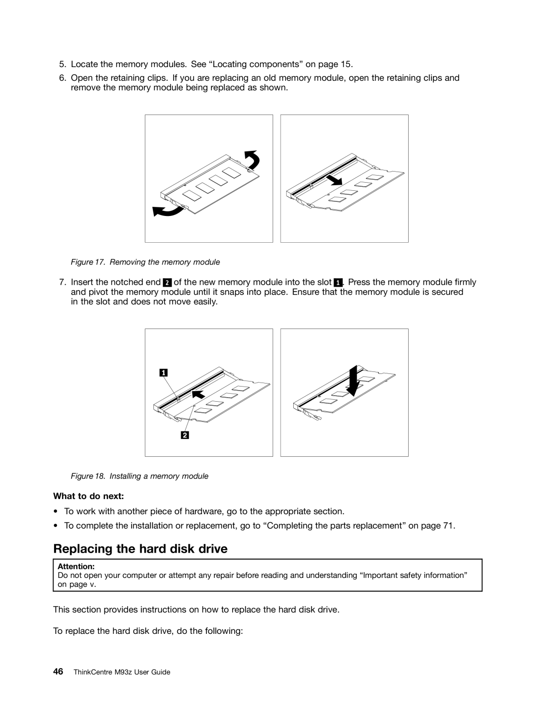 Lenovo 10AF0005US, 10AD0006US, 10AC0011US manual Replacing the hard disk drive, Removing the memory module 