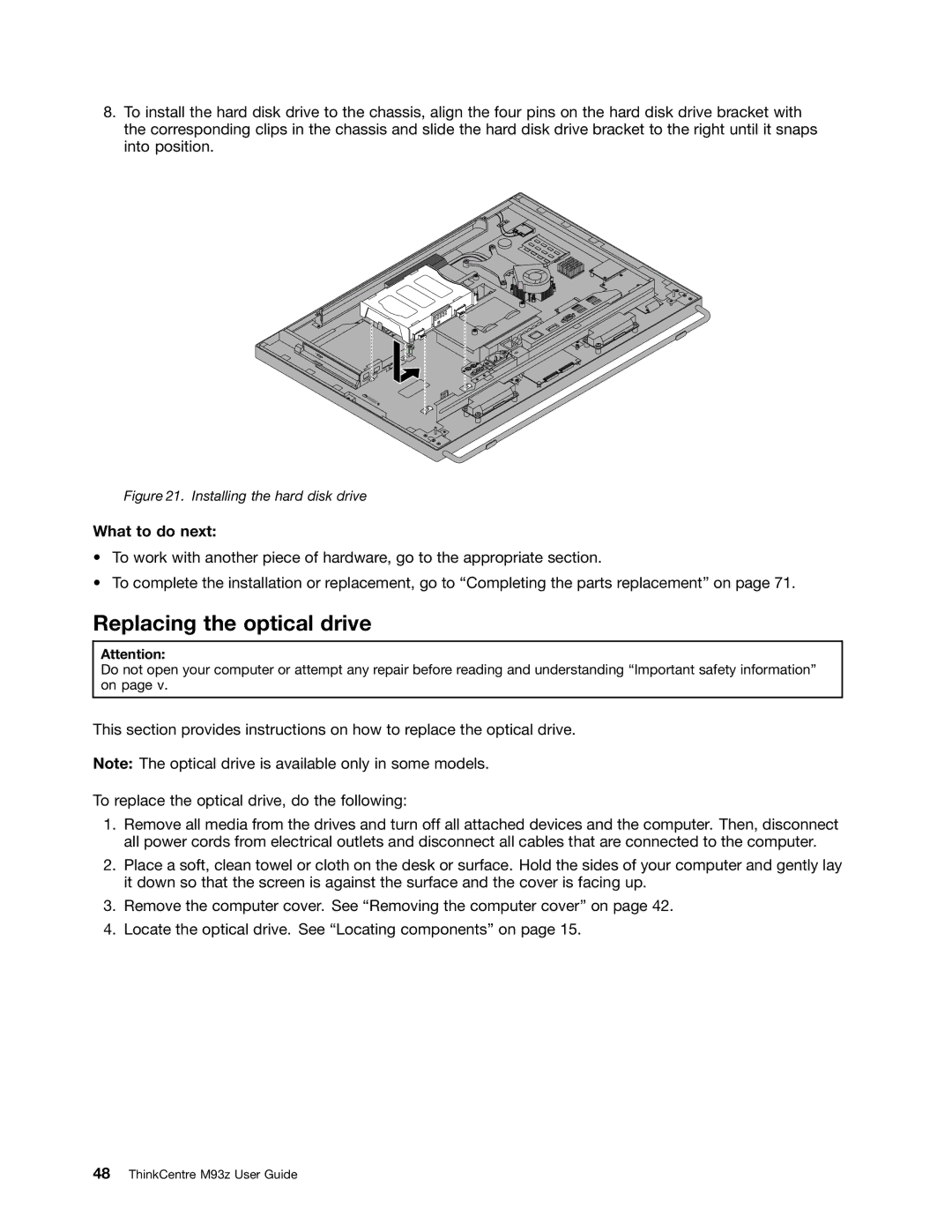 Lenovo 10AD0006US, 10AF0005US, 10AC0011US manual Replacing the optical drive, Installing the hard disk drive 