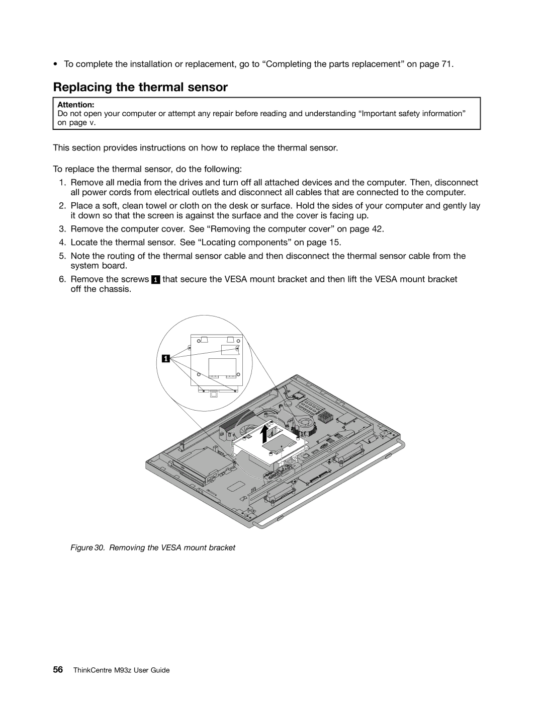 Lenovo 10AC0011US, 10AD0006US, 10AF0005US manual Replacing the thermal sensor, Removing the Vesa mount bracket 