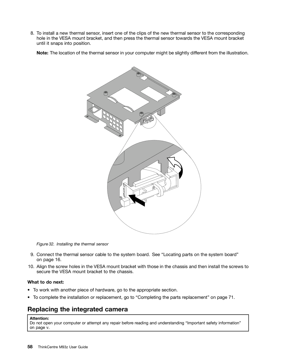 Lenovo 10AF0005US, 10AD0006US, 10AC0011US manual Replacing the integrated camera, Installing the thermal sensor 