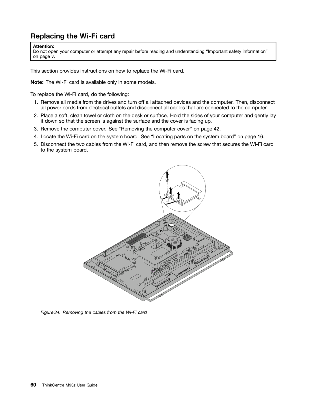 Lenovo 10AD0006US, 10AF0005US, 10AC0011US manual Replacing the Wi-Fi card, Removing the cables from the Wi-Fi card 