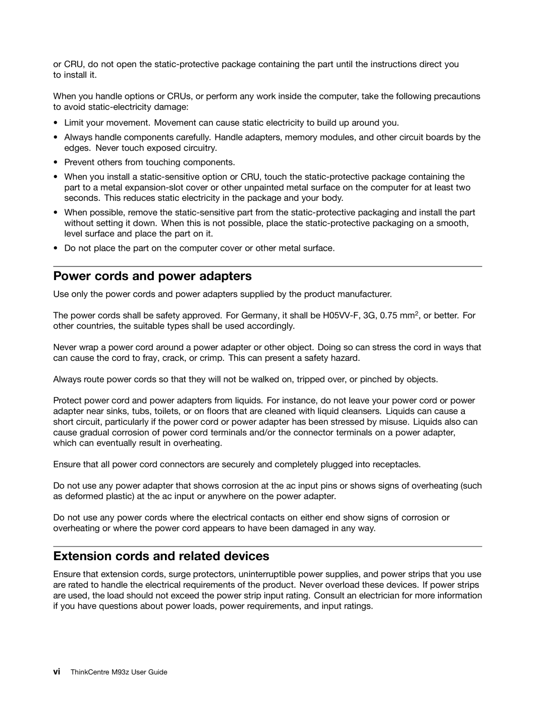 Lenovo 10AC0011US, 10AD0006US, 10AF0005US manual Power cords and power adapters, Extension cords and related devices 