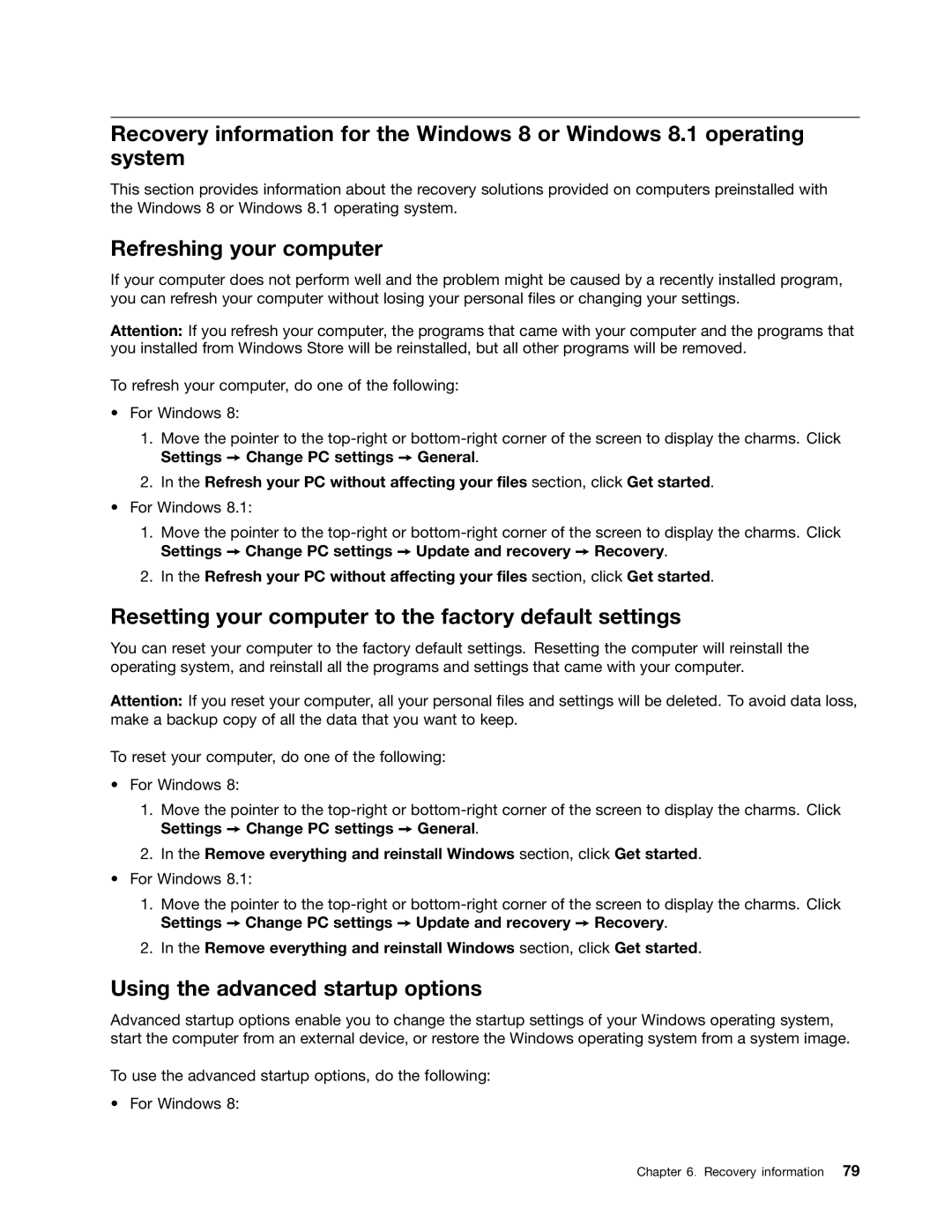 Lenovo 10AF0005US, 10AD0006US, 10AC0011US Refreshing your computer, Resetting your computer to the factory default settings 