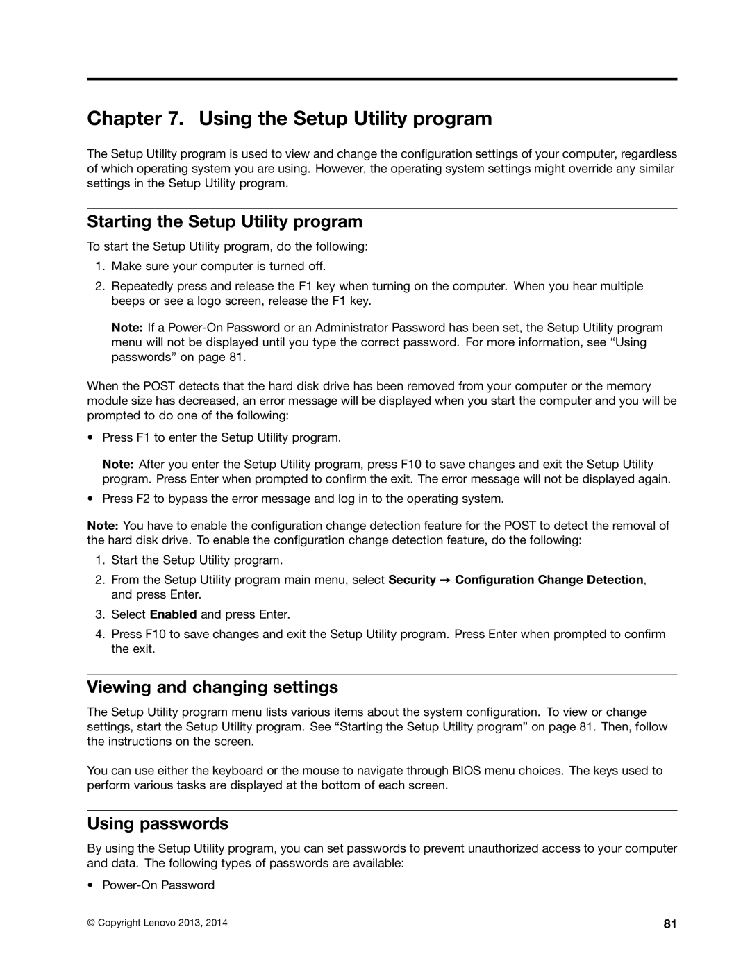 Lenovo 10AD0006US manual Using the Setup Utility program, Starting the Setup Utility program, Viewing and changing settings 