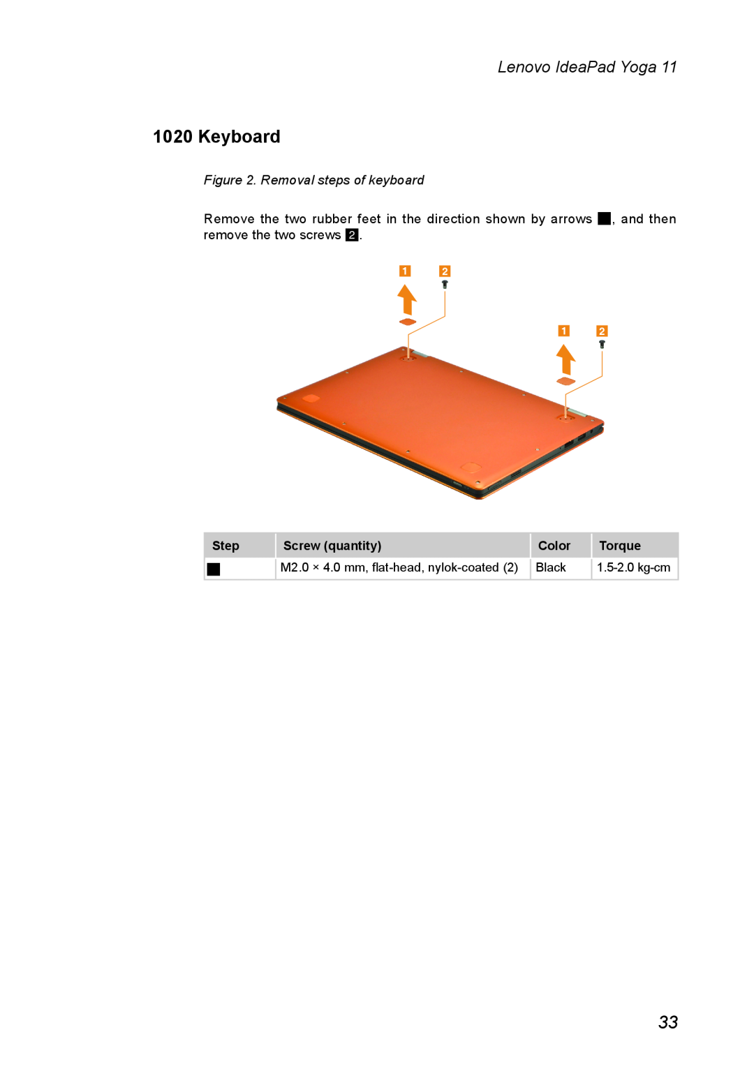 Lenovo 11 manual Keyboard, Removal steps of keyboard, Lenovo IdeaPad Yoga, Step, Screw quantity, Color, Torque 