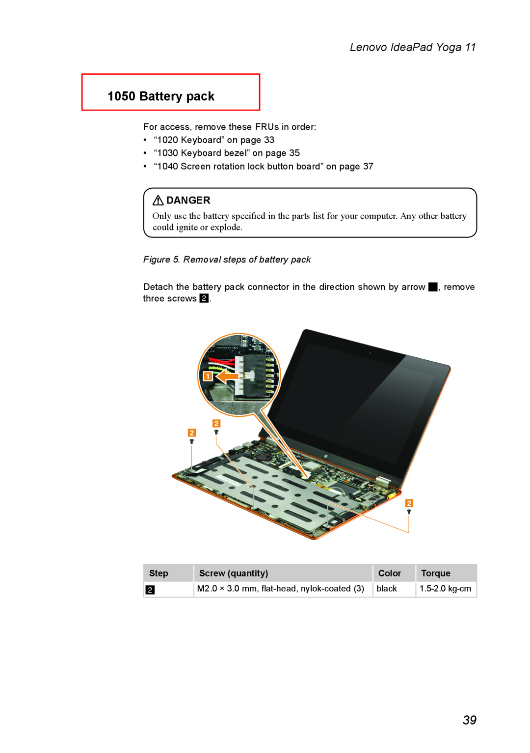 Lenovo 11 manual Battery pack, Removal steps of battery pack, Lenovo IdeaPad Yoga, Danger 