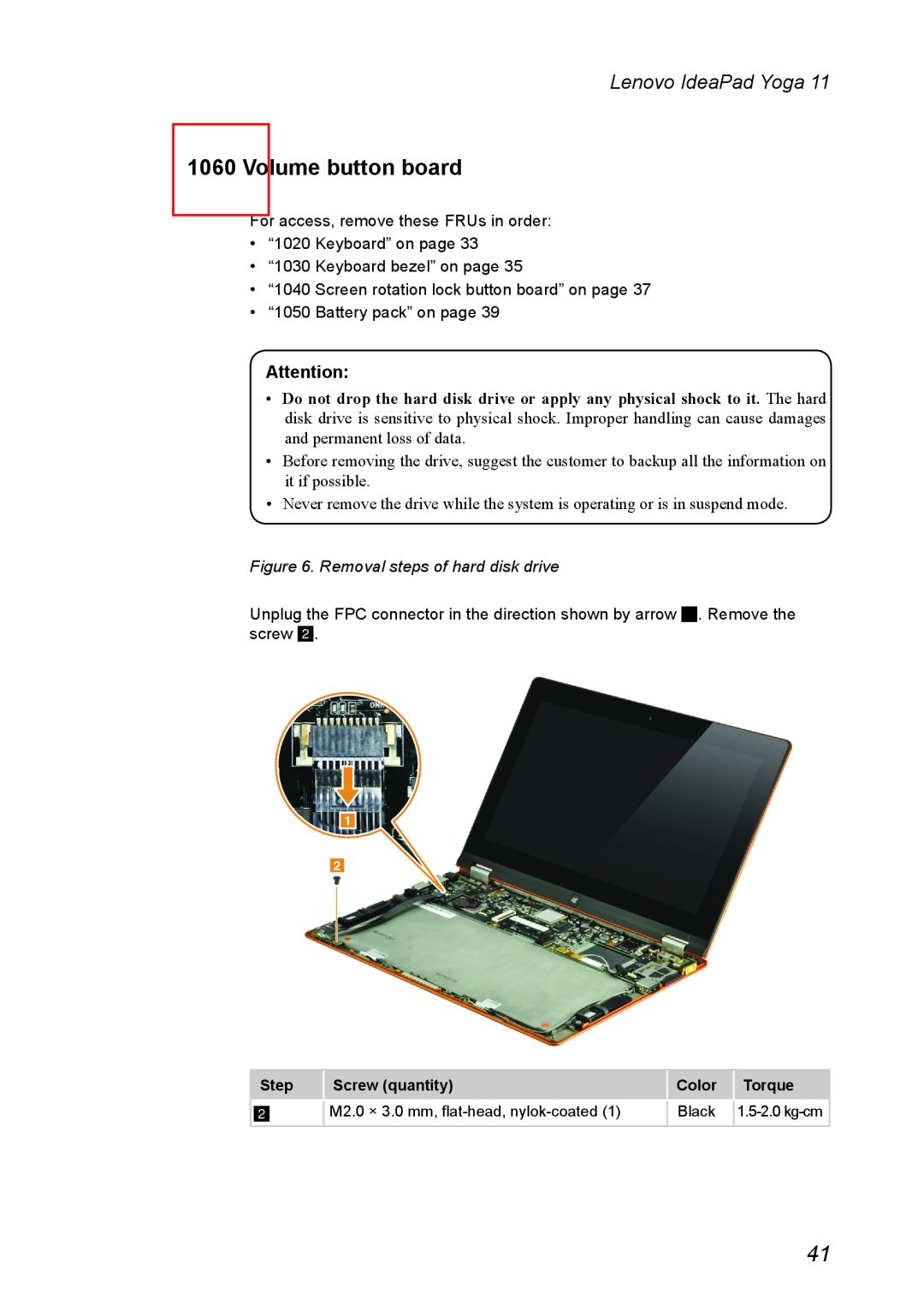 Lenovo 11 manual Volume button board, Removal steps of hard disk drive, Lenovo IdeaPad Yoga 
