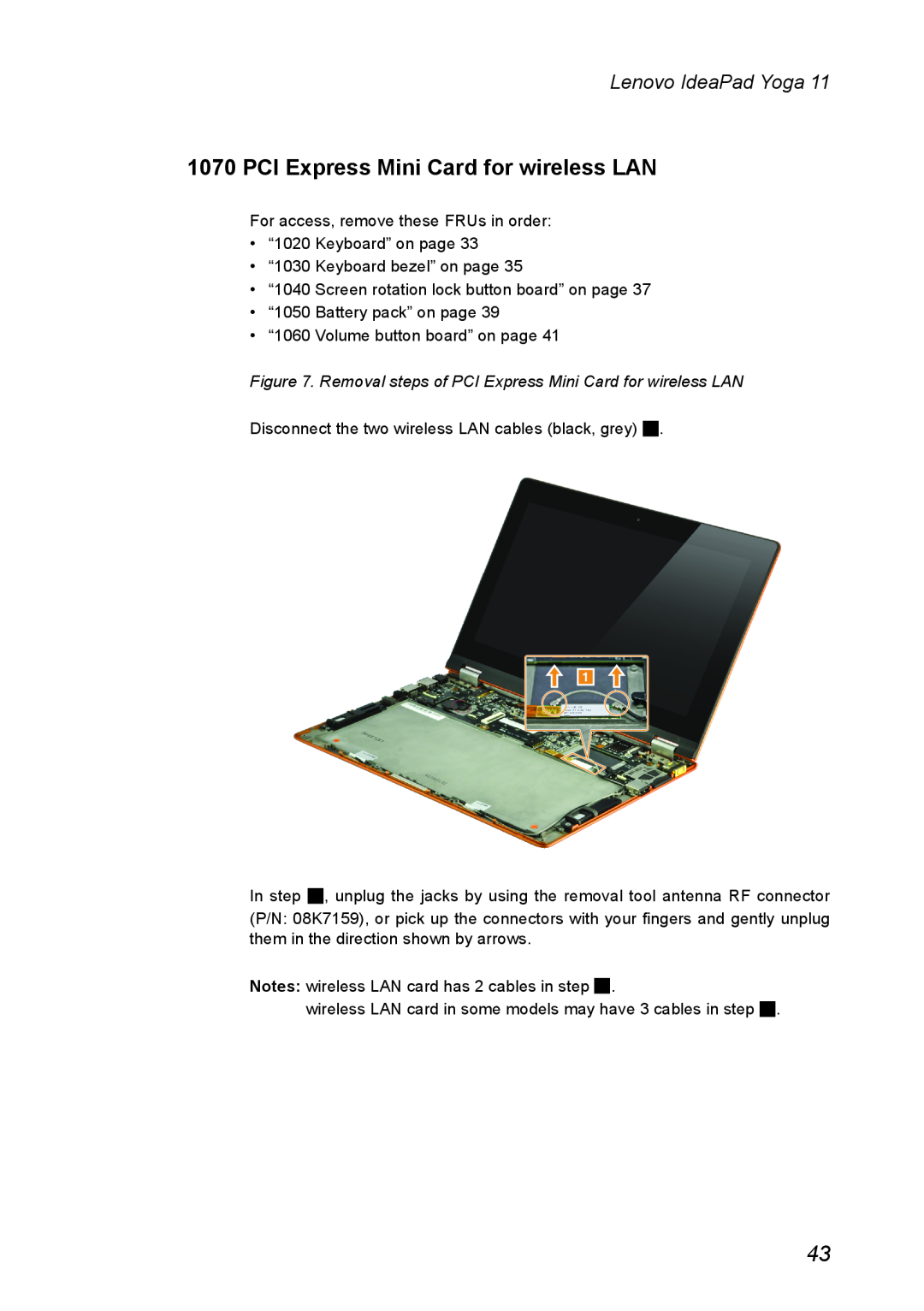 Lenovo 11 manual Removal steps of PCI Express Mini Card for wireless LAN, Lenovo IdeaPad Yoga 