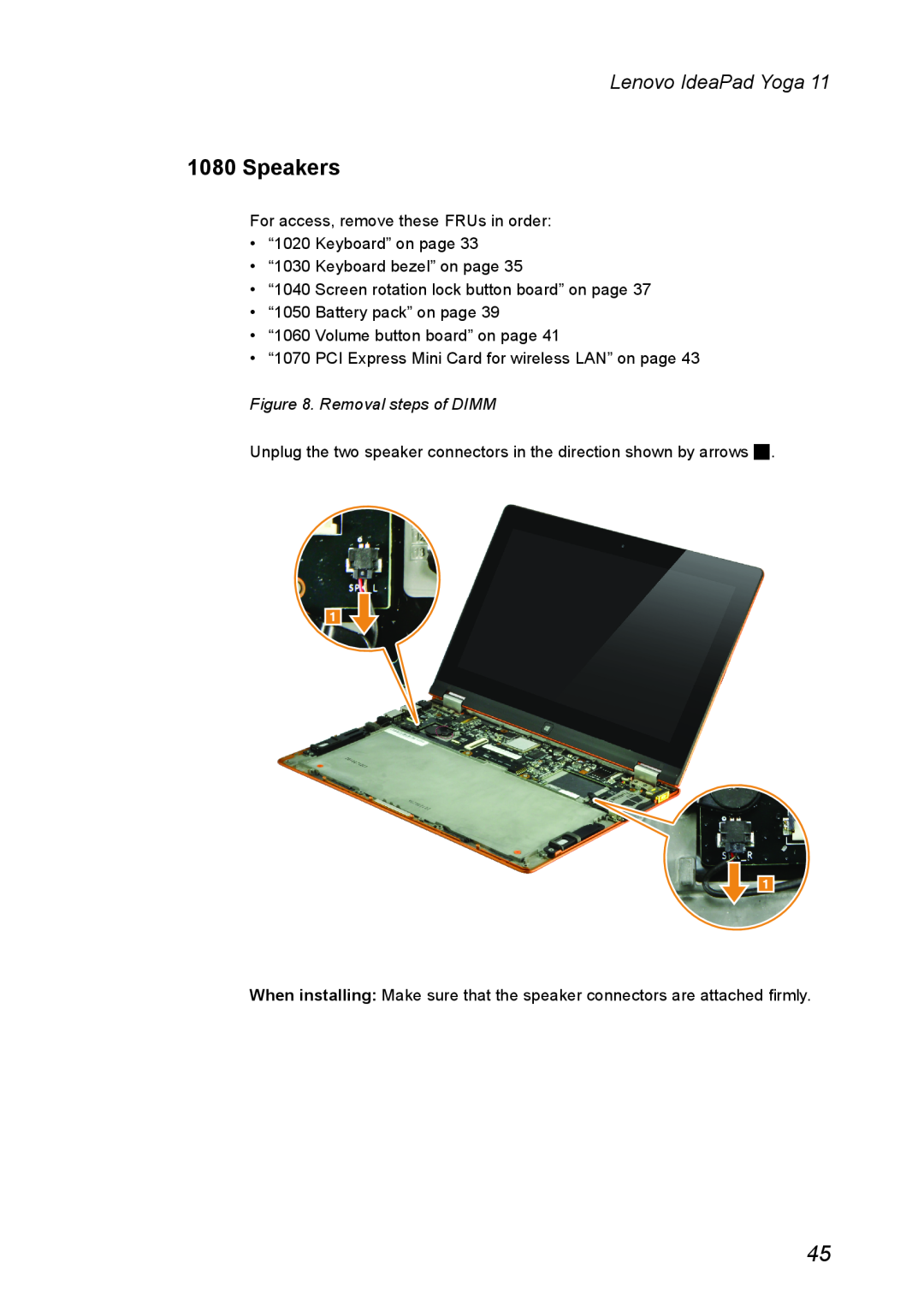 Lenovo 11 manual Speakers, Removal steps of DIMM, Lenovo IdeaPad Yoga 
