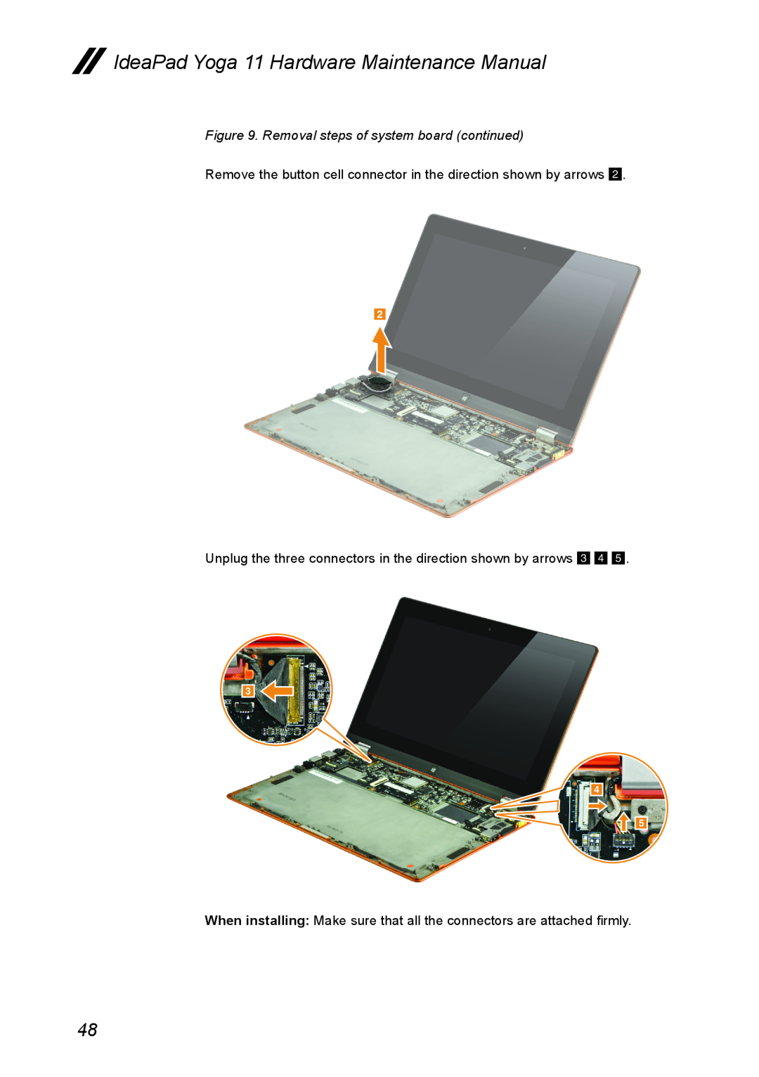 Lenovo manual Removal steps of system board continued, IdeaPad Yoga 11 Hardware Maintenance Manual 