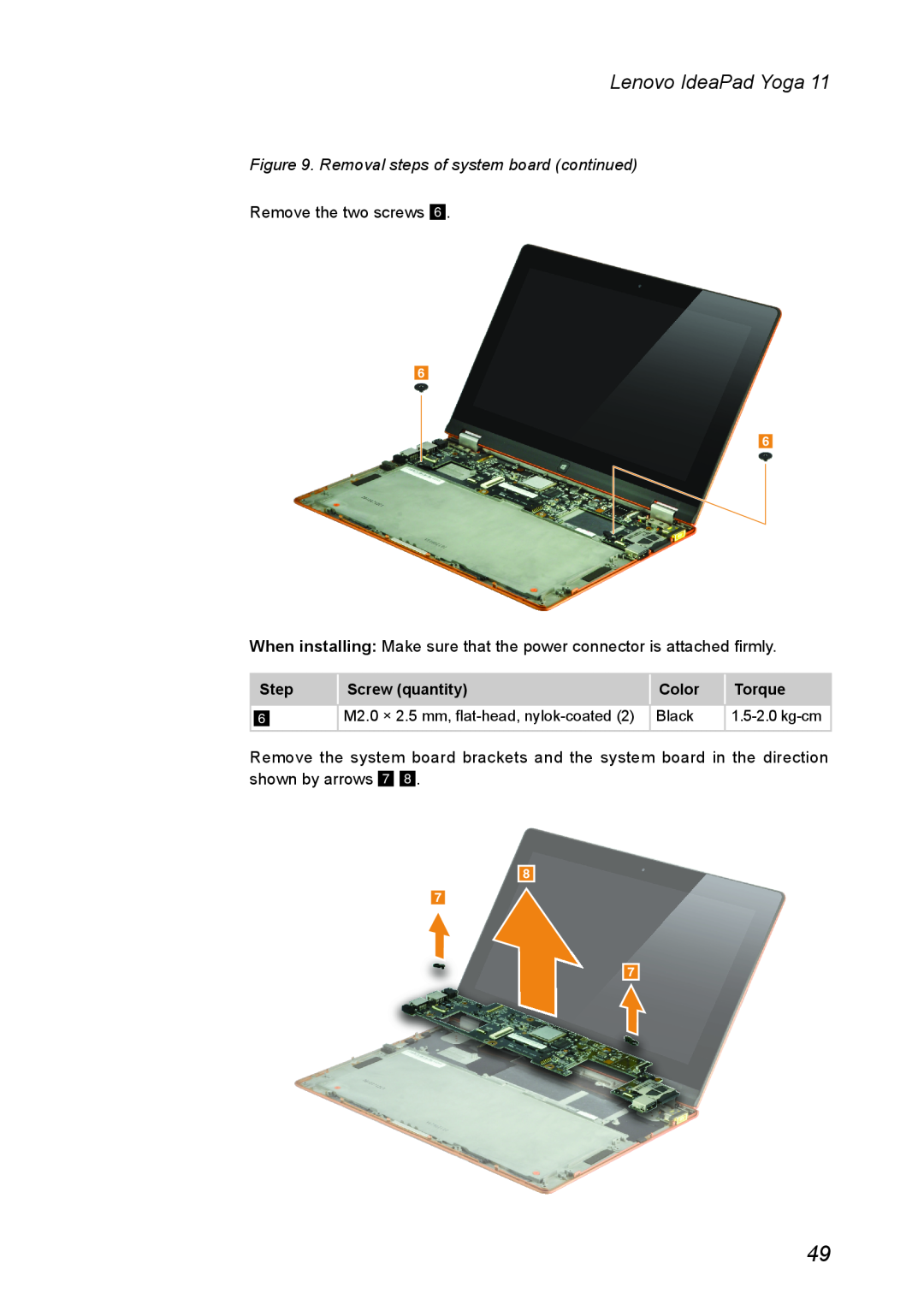 Lenovo 11 manual Lenovo IdeaPad Yoga, Removal steps of system board continued, Step, Screw quantity, Color, Torque 