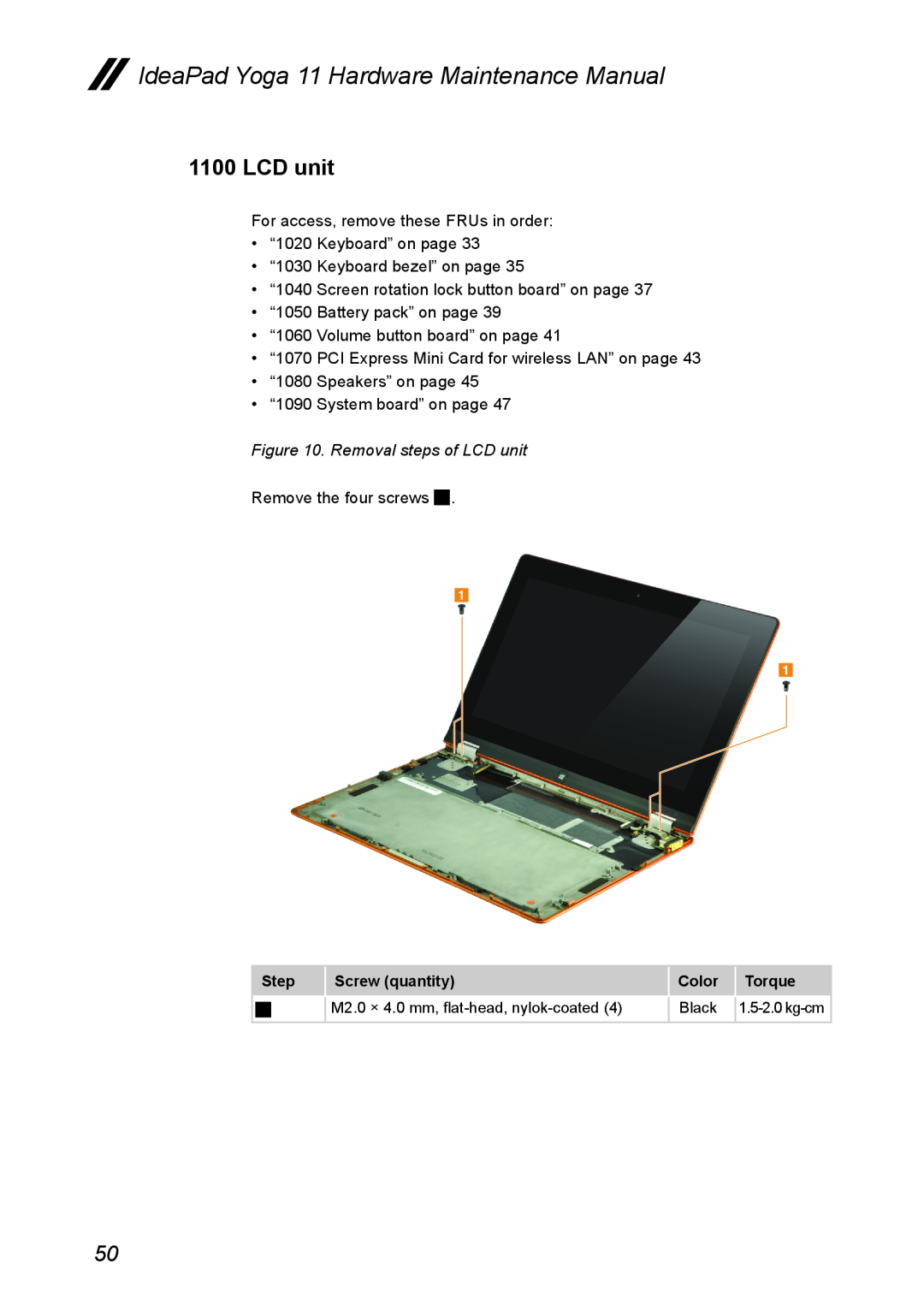 Lenovo manual Removal steps of LCD unit, IdeaPad Yoga 11 Hardware Maintenance Manual 