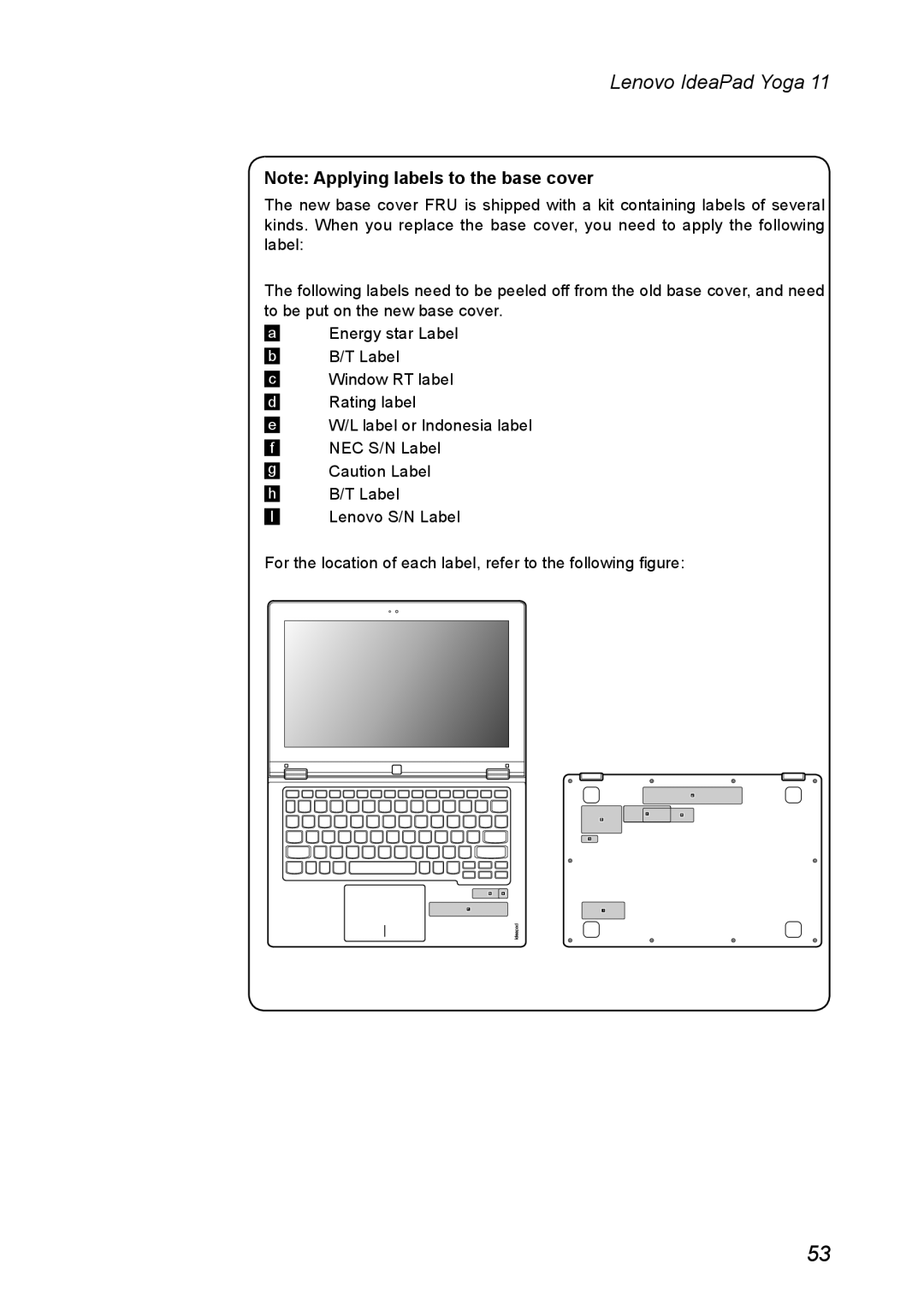 Lenovo 11 manual Note Applying labels to the base cover, Lenovo IdeaPad Yoga 
