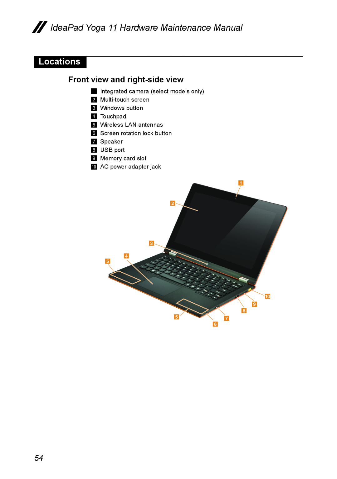 Lenovo manual Locations, Front view and right-side view, IdeaPad Yoga 11 Hardware Maintenance Manual 