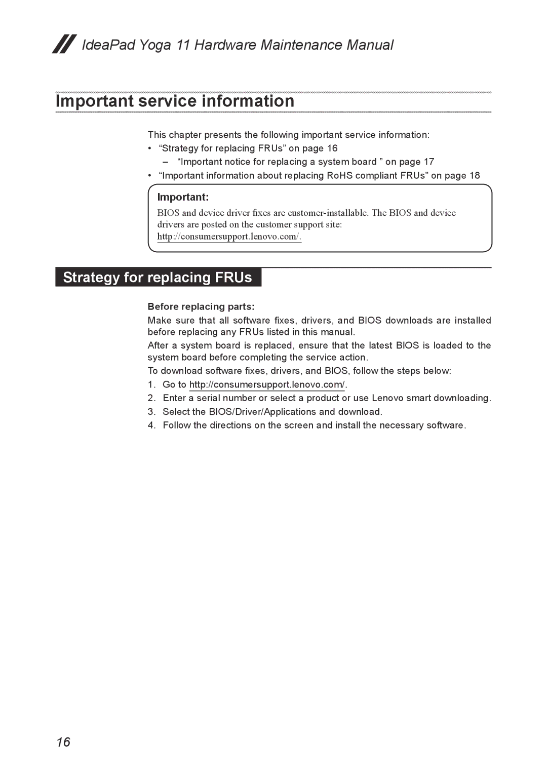 Lenovo 11 manual Important service information, Strategy for replacing FRUs 