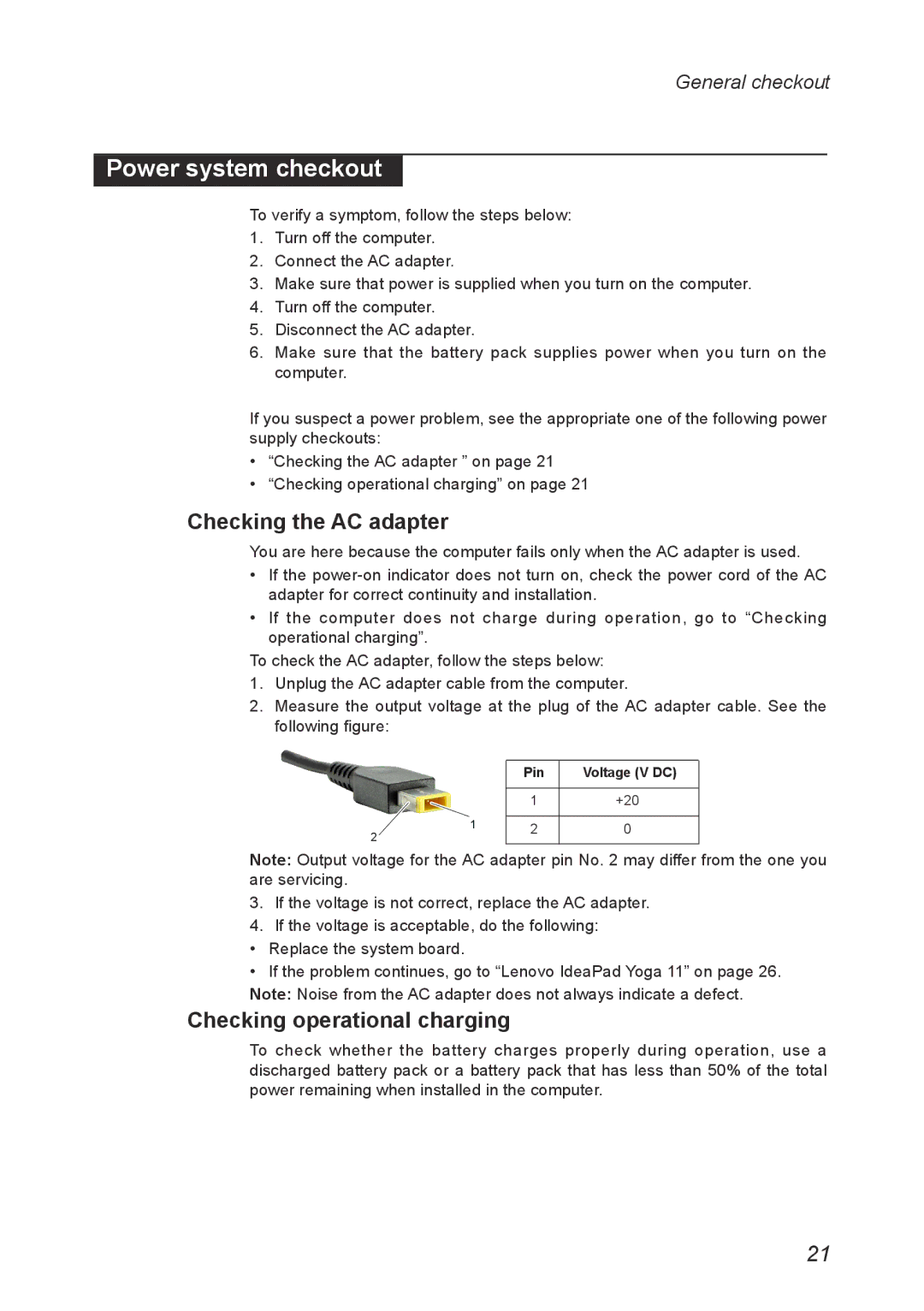 Lenovo 11 manual Power system checkout, Checking the AC adapter, Checking operational charging 