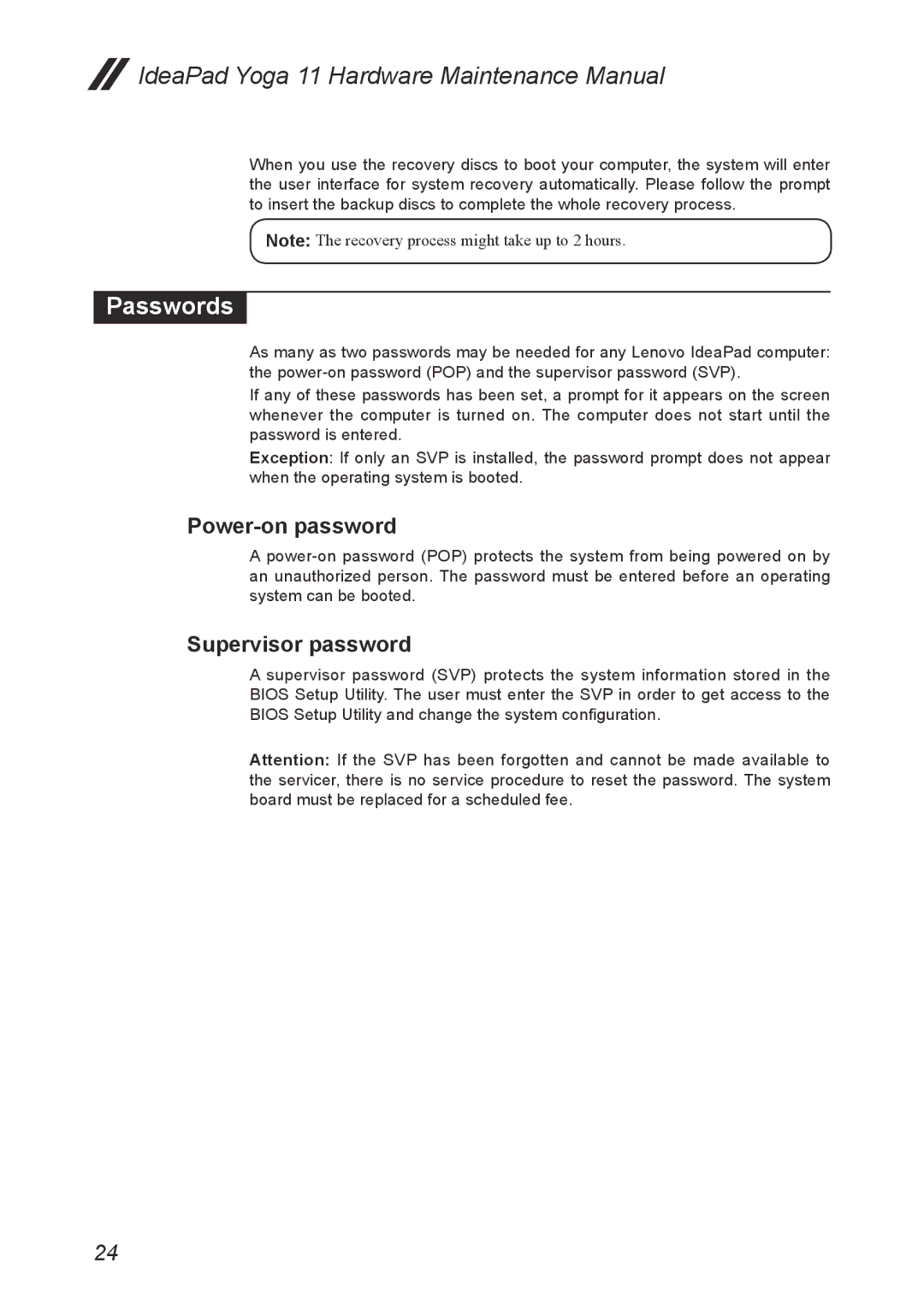 Lenovo 11 manual Passwords, Power-on password, Supervisor password 