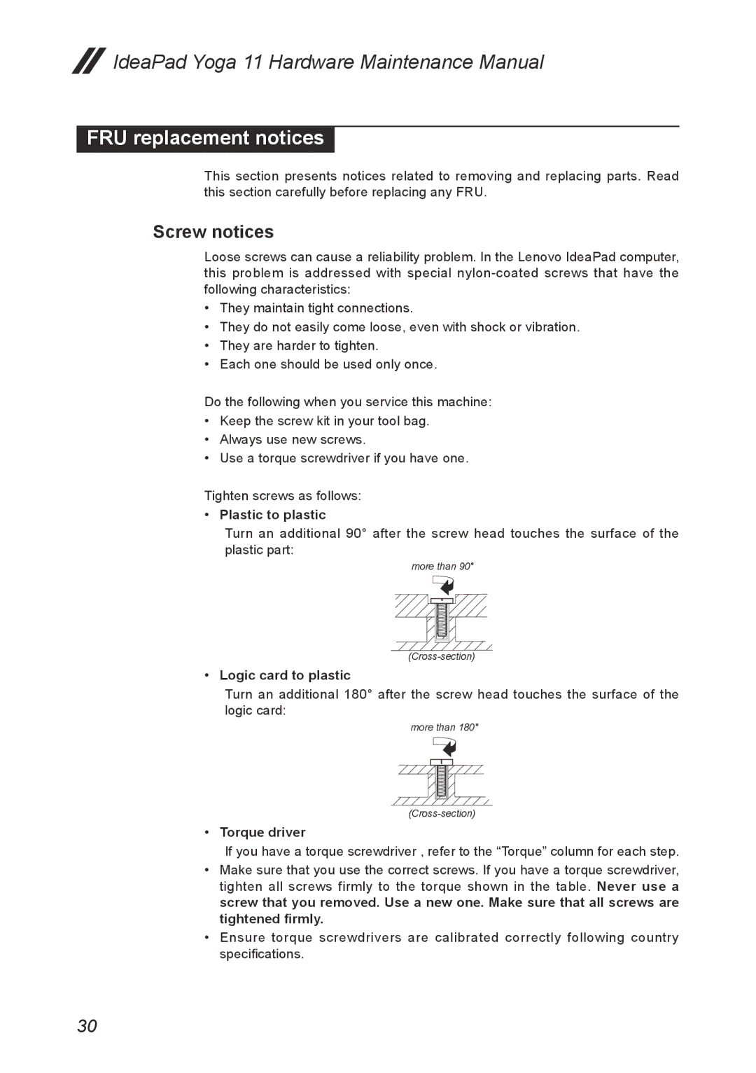 Lenovo 11 manual FRU replacement notices, Screw notices 